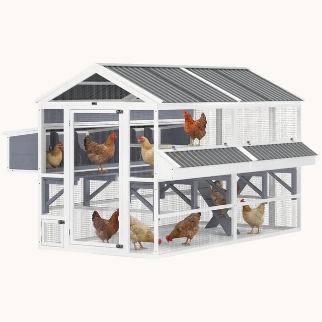 pawhut-grand-enclos-poules-avec-2-pondoirs-et-mangeoires-toit-imperm-able-gris image 1