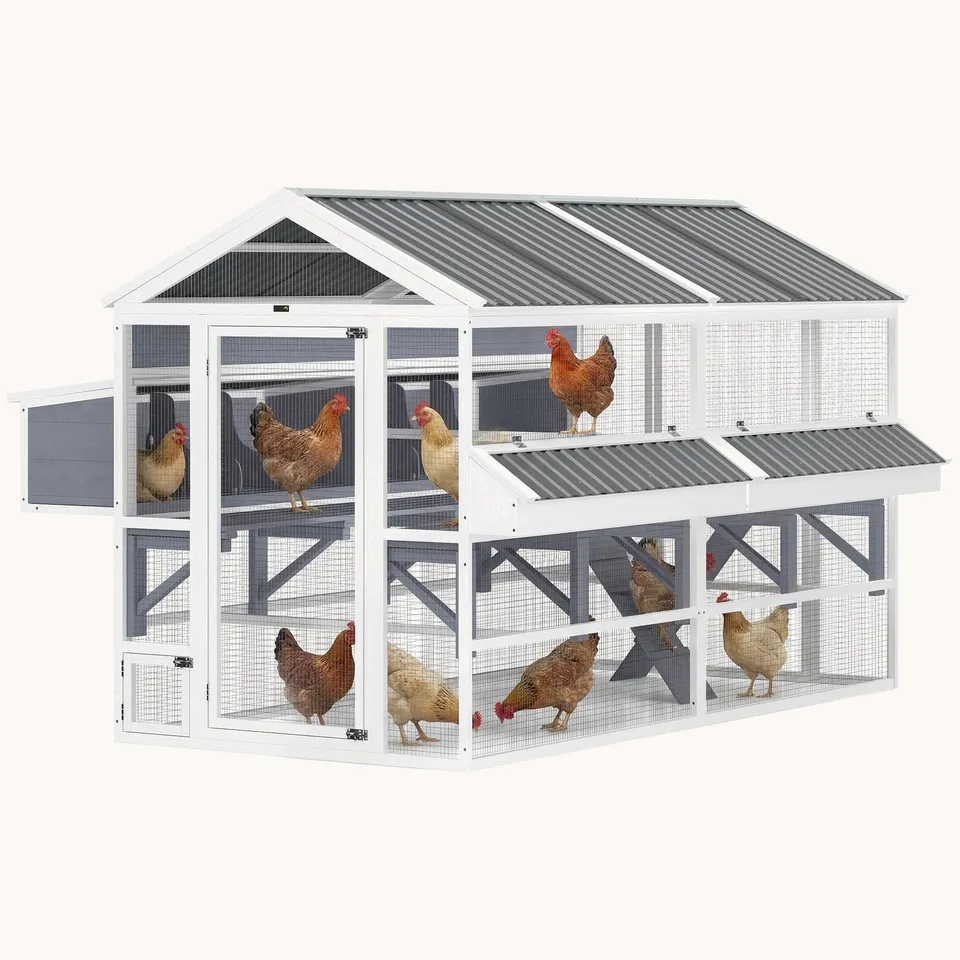 pawhut-grand-enclos-poules-avec-2-pondoirs-et-mangeoires-toit-imperm-able-gris image 1