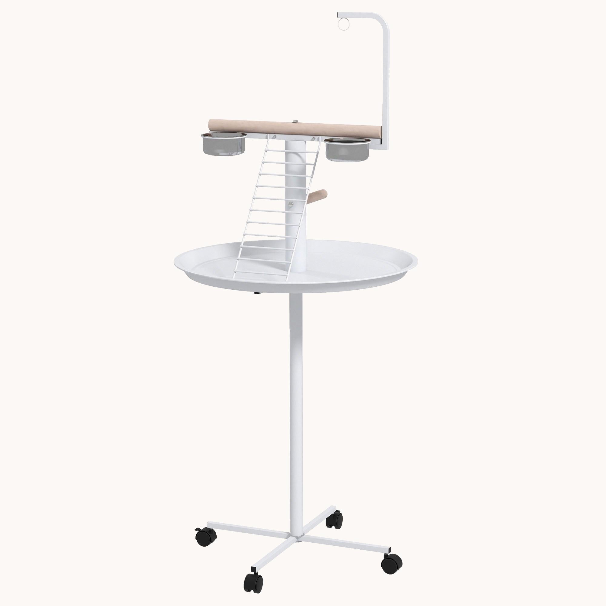 pawhut-perchoir-perroquet-sur-pied-roulettes-blanc-avec-gamelles-inox image 3