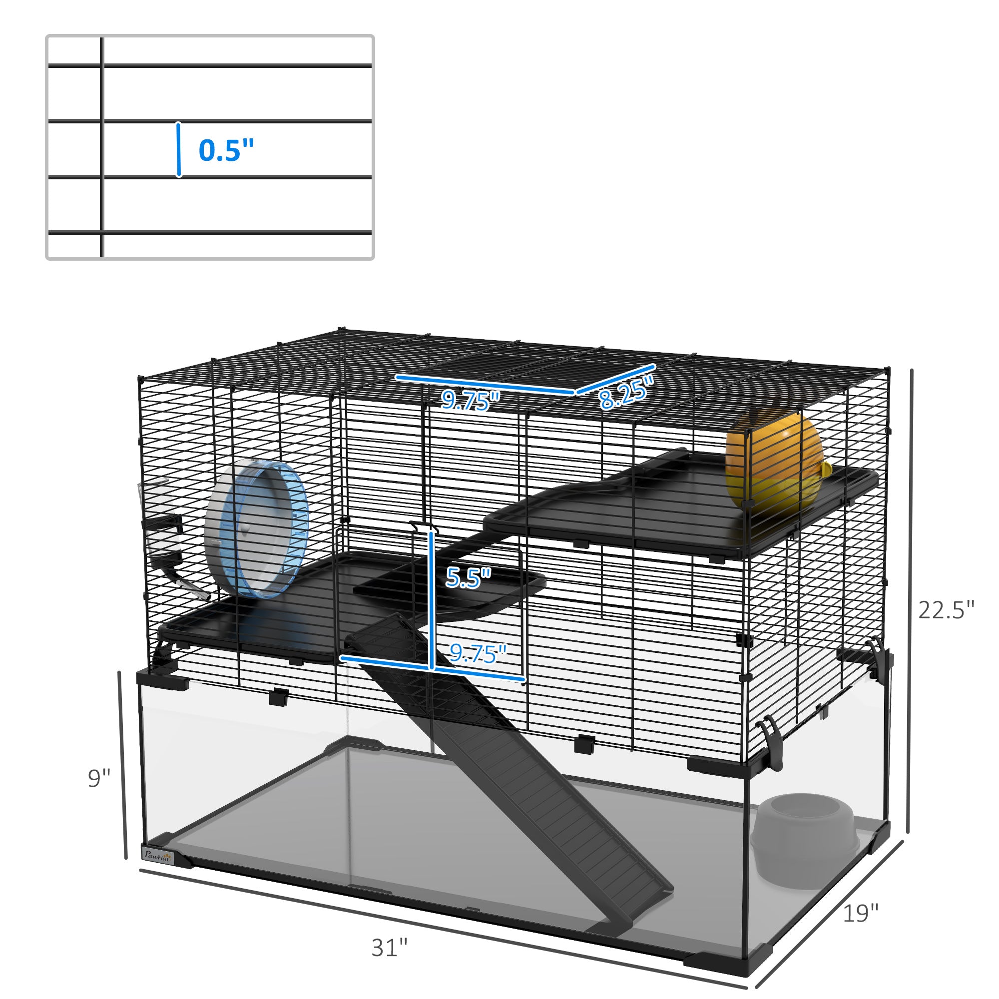 pawhut-cage-hamster-3-tages-avec-fond-en-verre-tremp-79-x-48-x-57-cm image 7