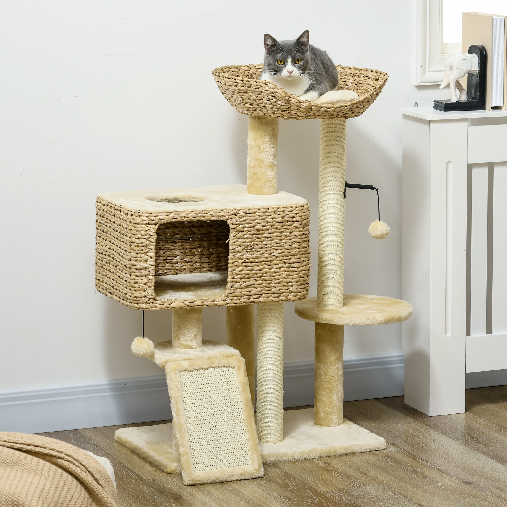 pawhut-arbre-chat-98-cm-avec-niche-rampe-et-griffoirs-beige image 3