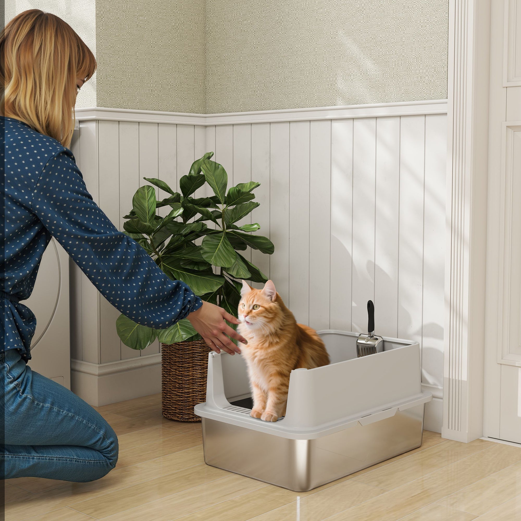 pawhut-bac-liti-re-chat-xl-inox-avec-pelle-gris-60x40x30-cm image 3