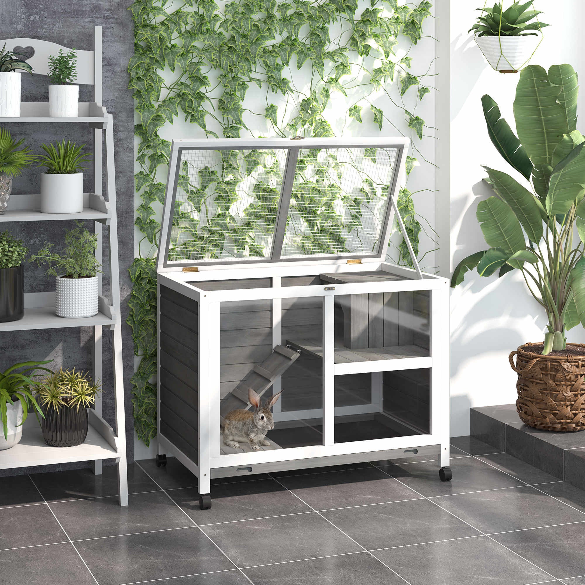 pawhut-cage-petits-animaux-en-bois-2-tages-roulettes-gris image 3