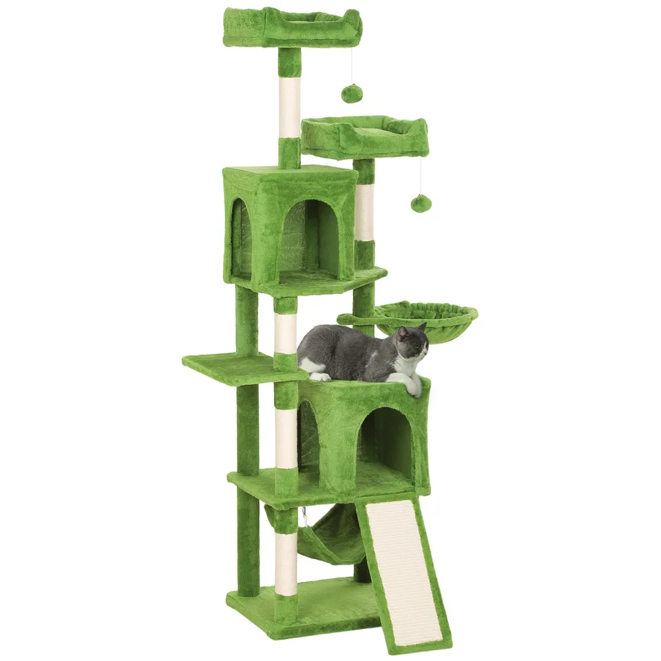 pawhut-arbre-chat-177-cm-avec-2-niches-2-perchoirs-et-hamac-vert image 1