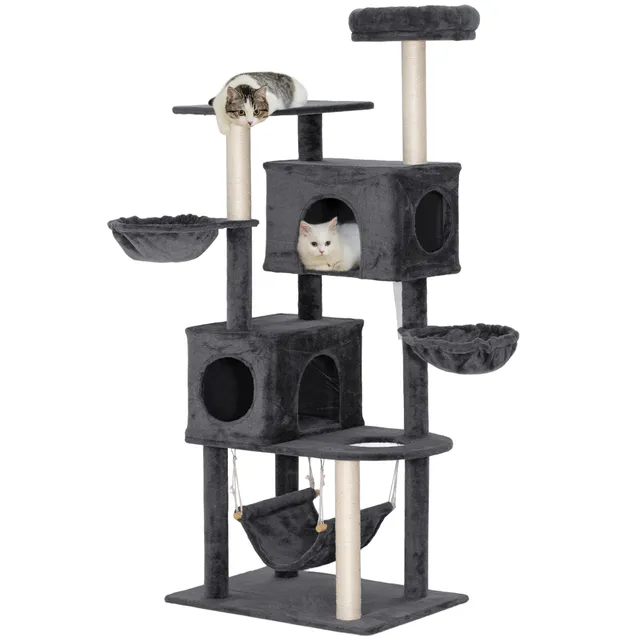 pawhut-arbre-chat-66-avec-2-niches-3-hamacs-et-perchoir-gris-fonc image 1