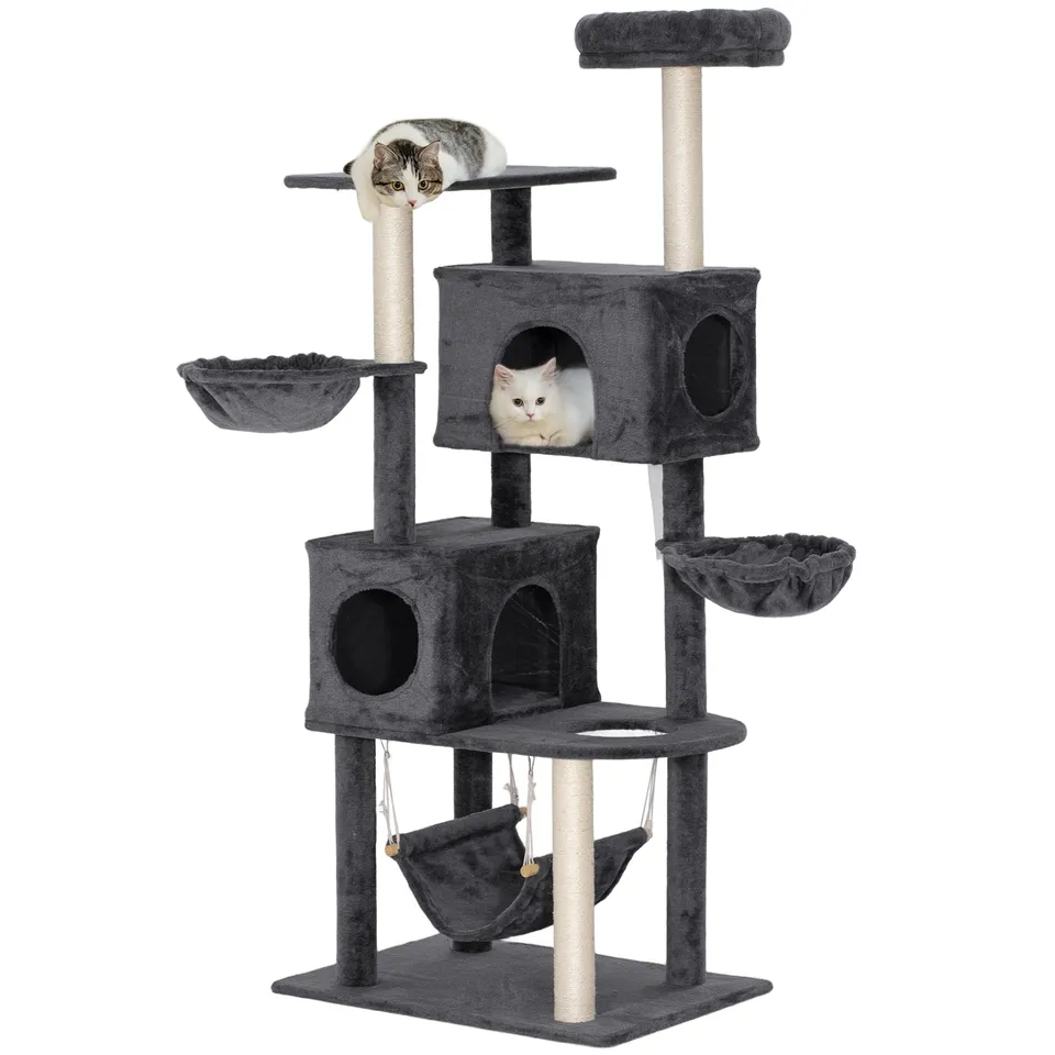 pawhut-arbre-chat-66-avec-2-niches-3-hamacs-et-perchoir-gris-fonc image 1