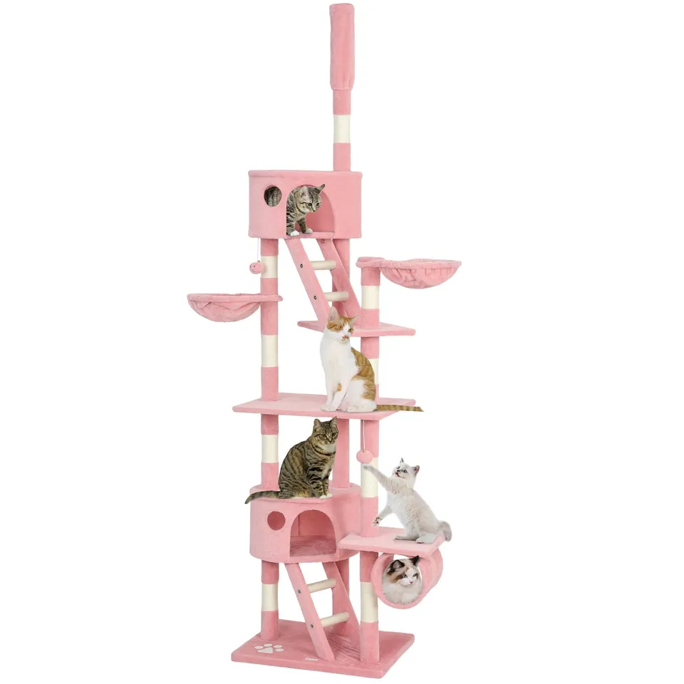 pawhut-arbre-chat-du-sol-au-plafond-7-niveaux-avec-hamacs-rose image 1