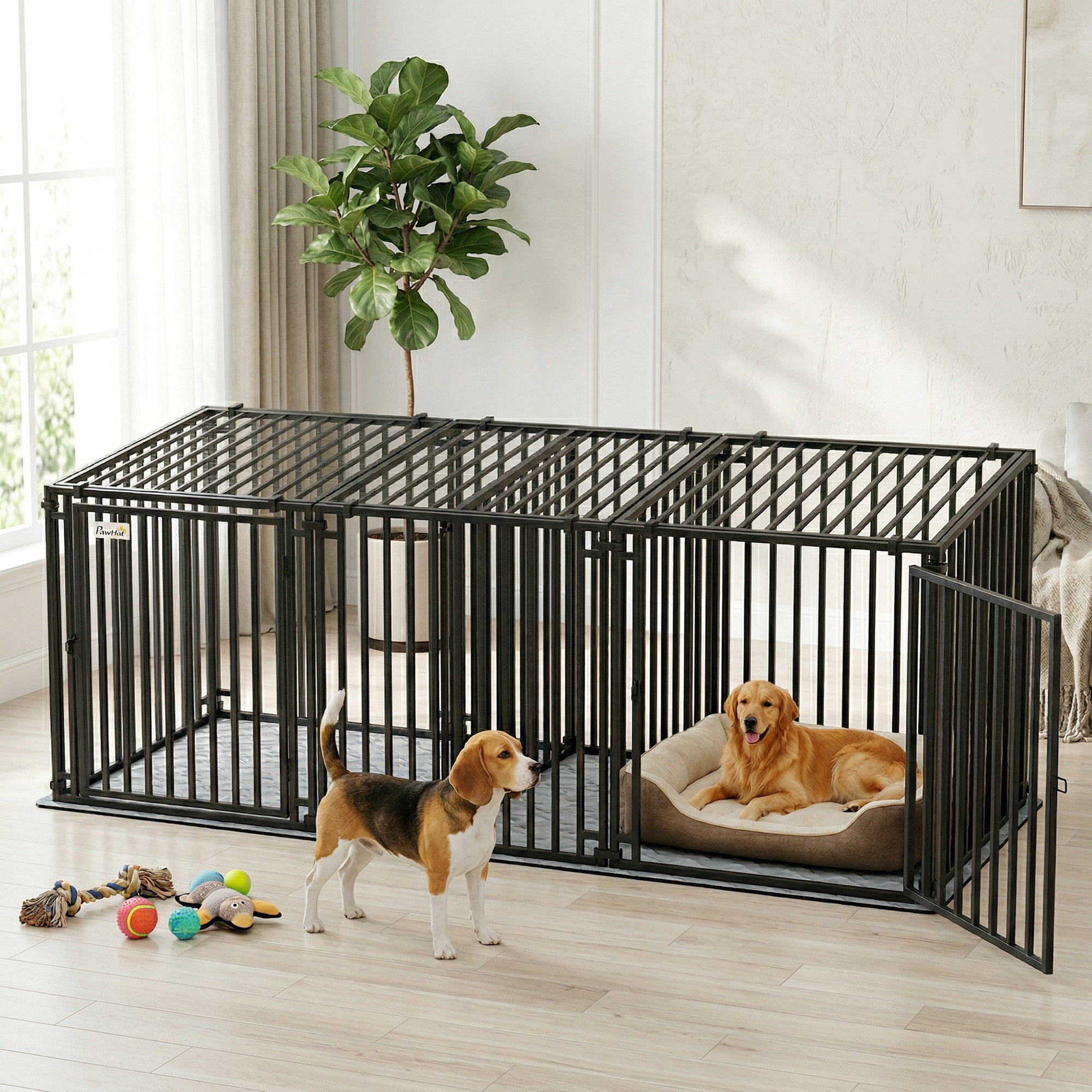 pawhut-cage-chien-m-tal-robuste-83-avec-s-parateur-et-tapis-tanche-noir image 4