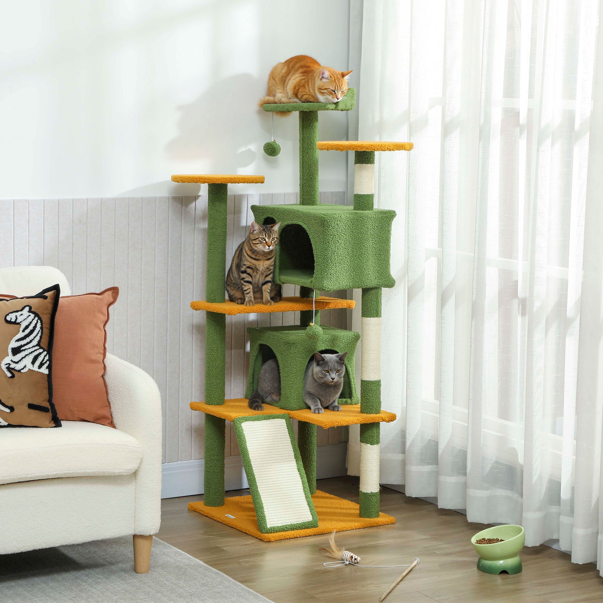 pawhut-arbre-chat-137-cm-vert-avec-2-niches-rampe-hamac-et-griffoir-sisal image 3
