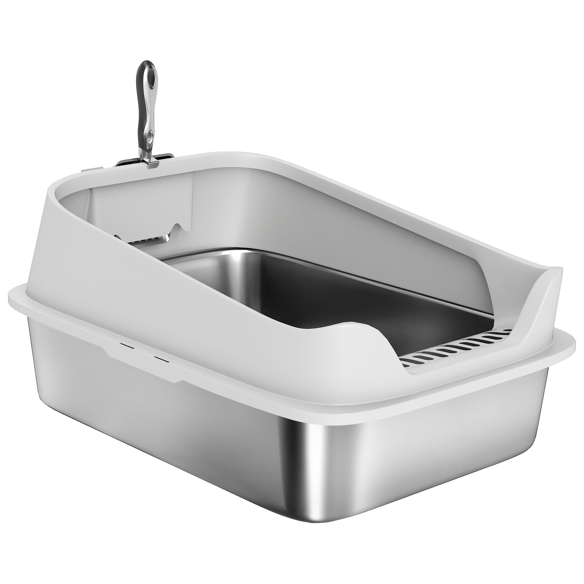 pawhut-bac-liti-re-chat-inox-avec-pelle-bords-hauts-60-cm-gris image 2