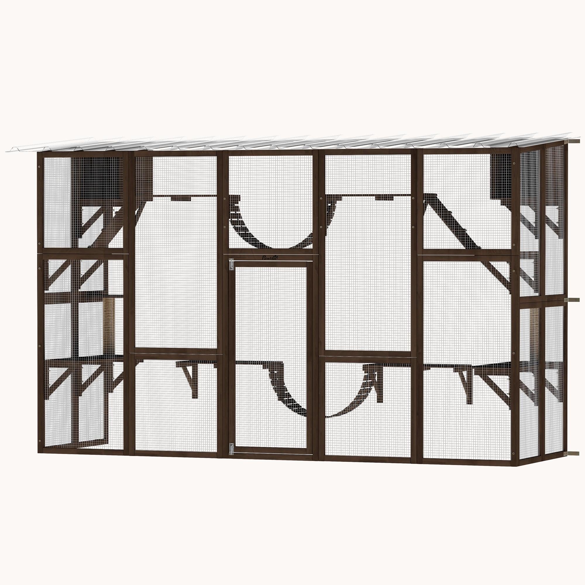 pawhut-catio-enclos-ext-rieur-pour-chat-en-bois-avec-toit-1-4-chats-marron-caf image 2