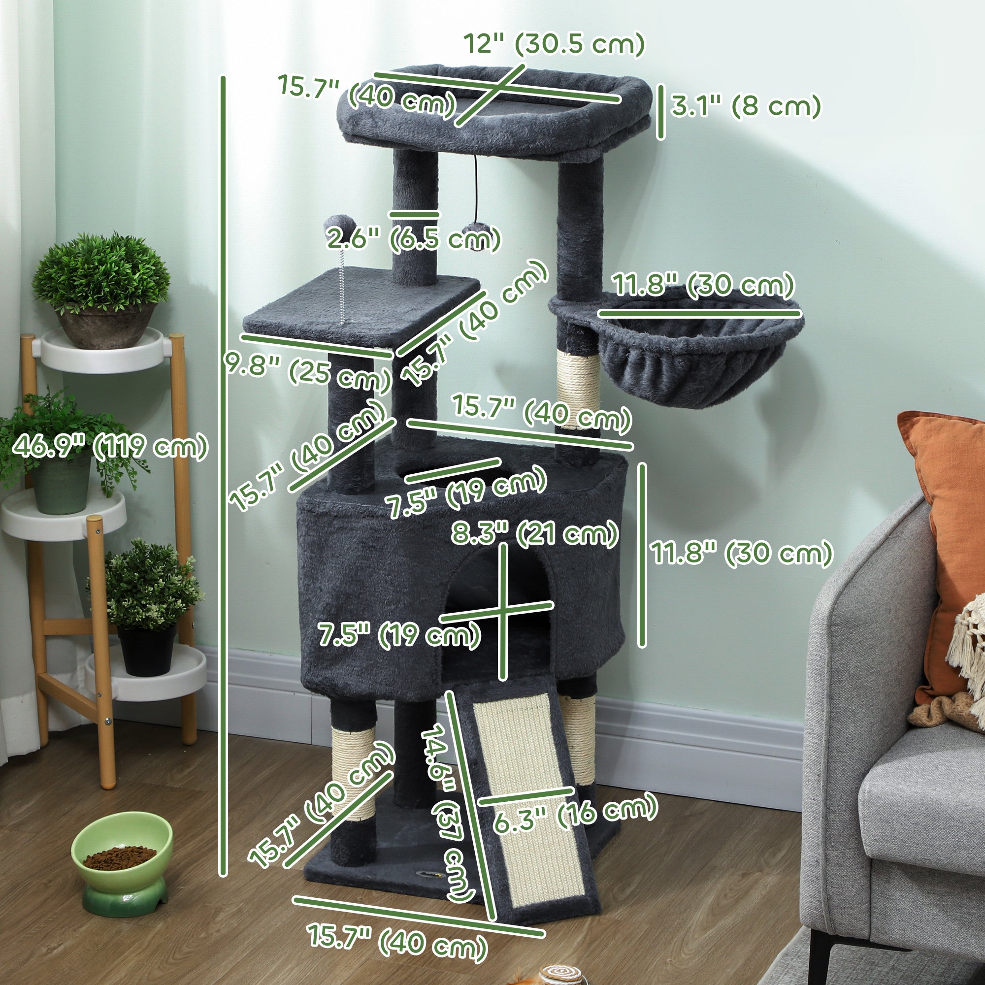 pawhut-arbre-chat-120-cm-avec-niche-hamac-lit-et-chelle-gris-fonc image 5