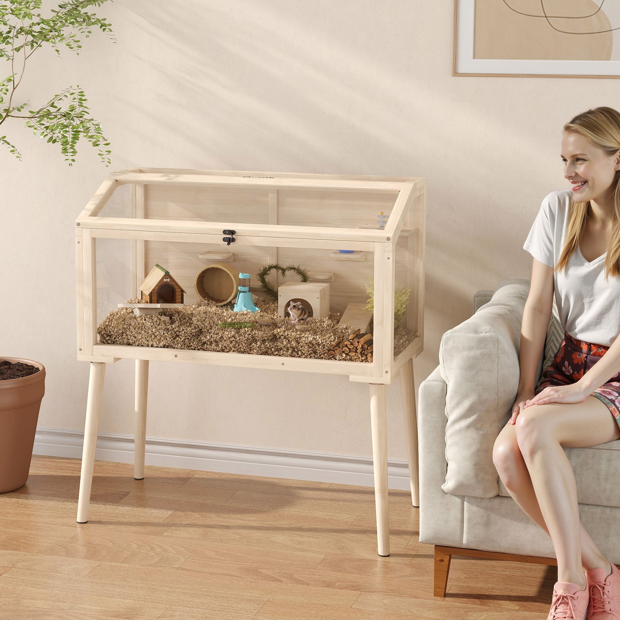 pawhut-cage-hamster-bois-110-x-52-x-101-cm-avec-plateformes-et-biberon image 3