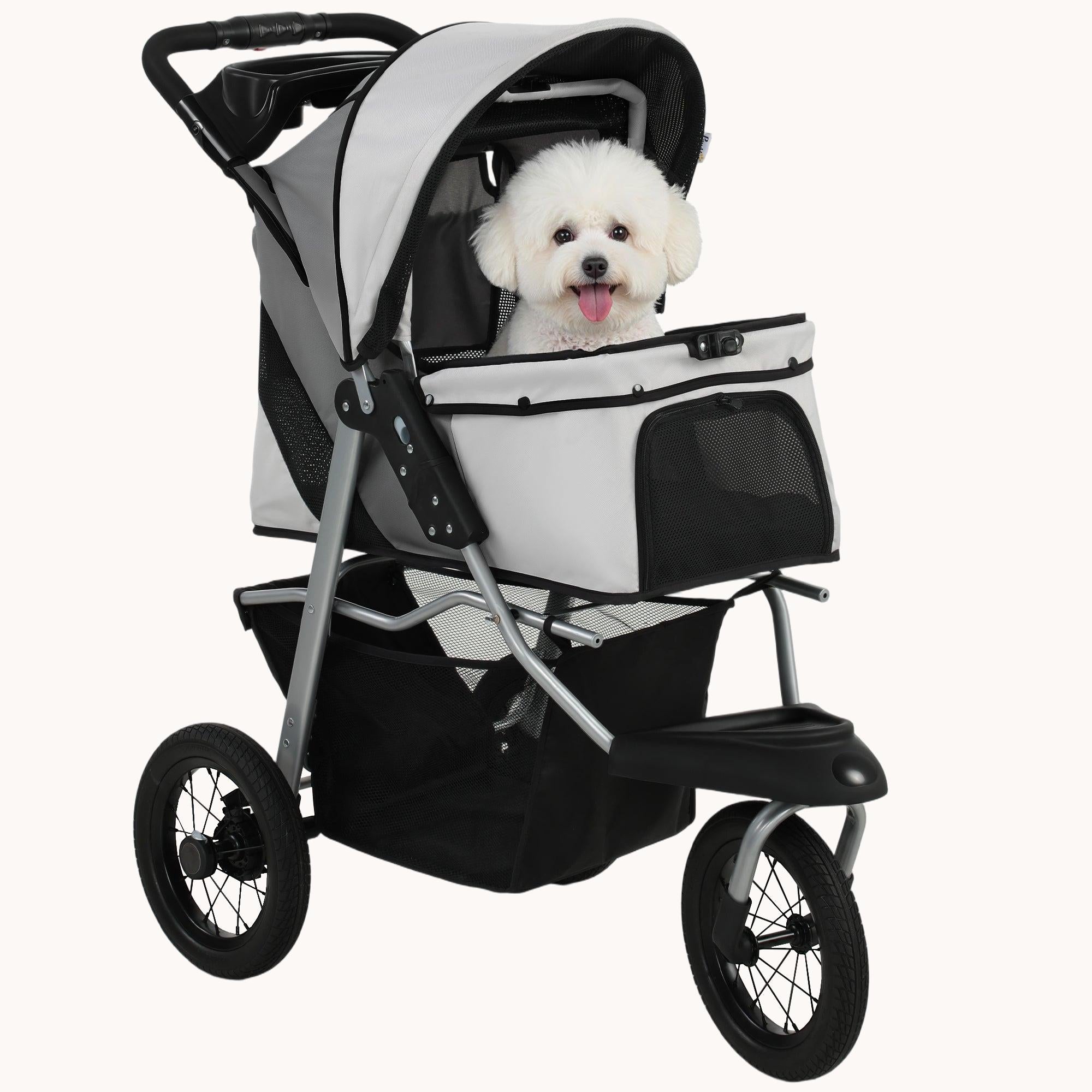 pawhut-poussette-chien-3-roues-pliable-12-jusqu-10-kg-gris-clair image 1