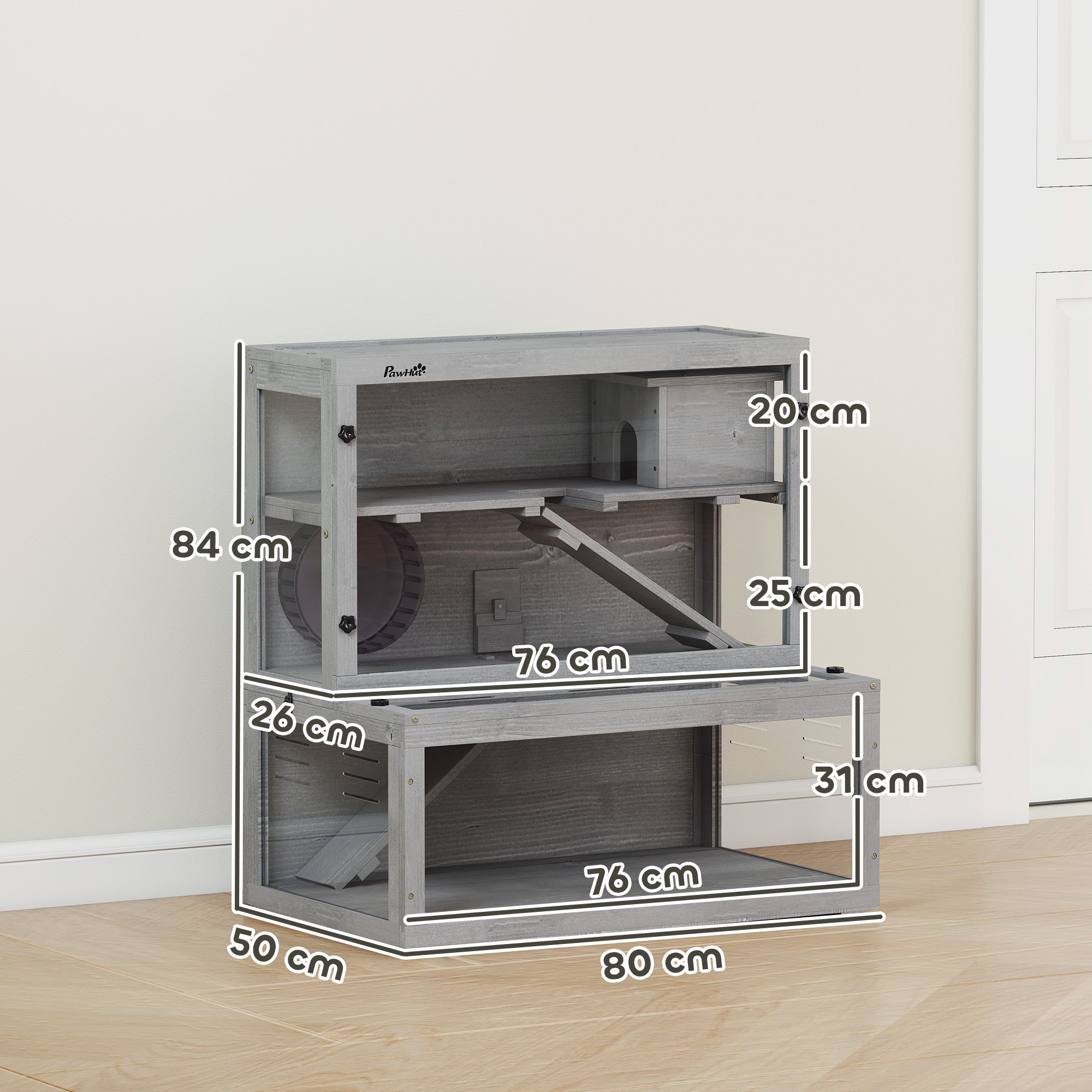 pawhut-cage-hamster-3-niveaux-en-bois-de-sapin-avec-panneau-transparent-gris image 5