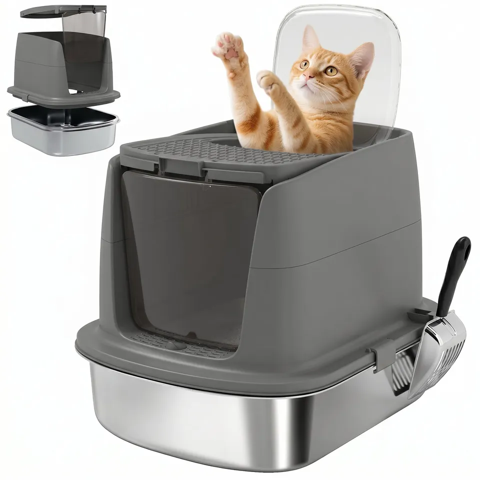 pawhut-bac-liti-re-chat-ferm-inox-avec-couvercle-gris-fonc image 1