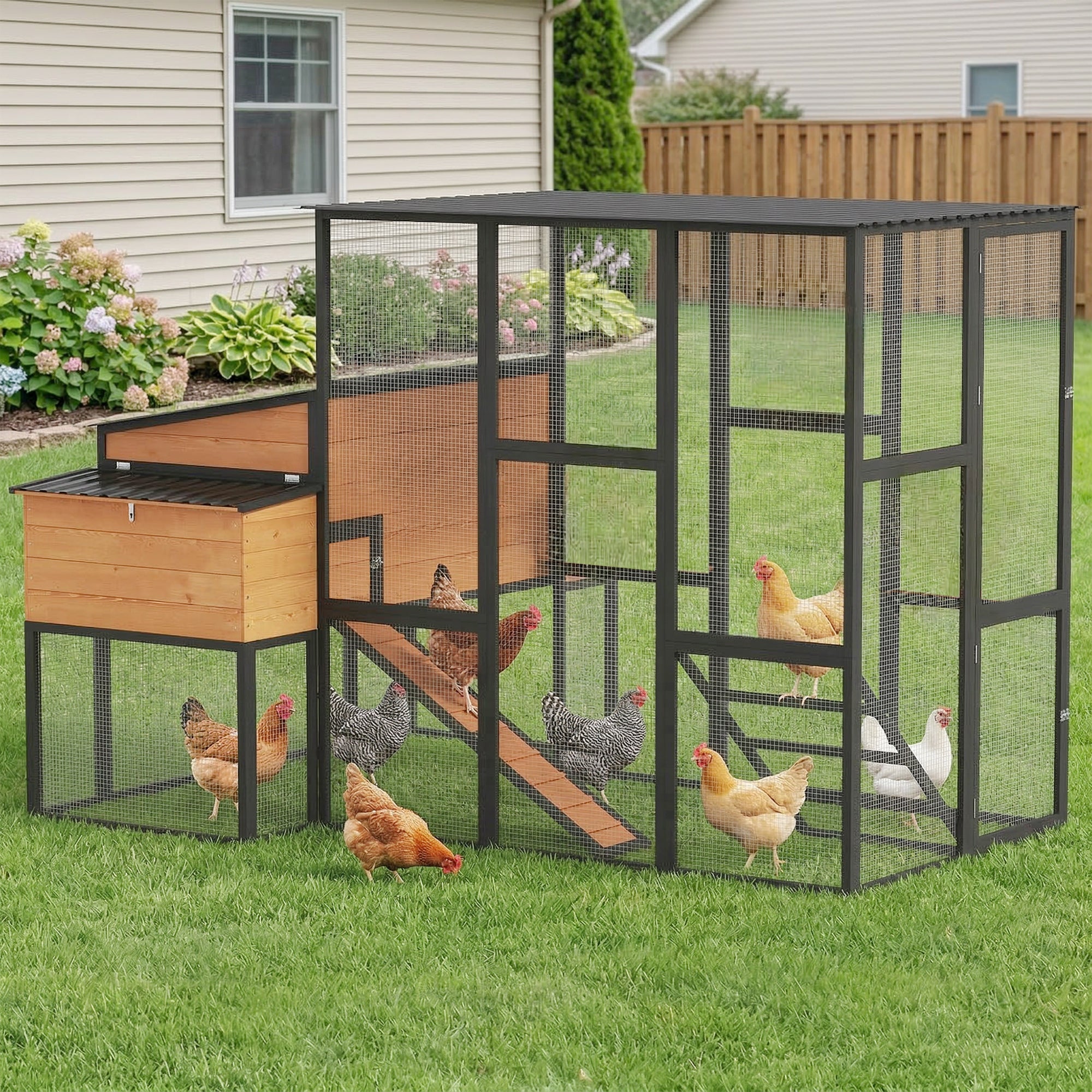 pawhut-poulailler-en-bois-105-avec-enclos-pour-7-12-poules-2-pondoirs-jaune image 4