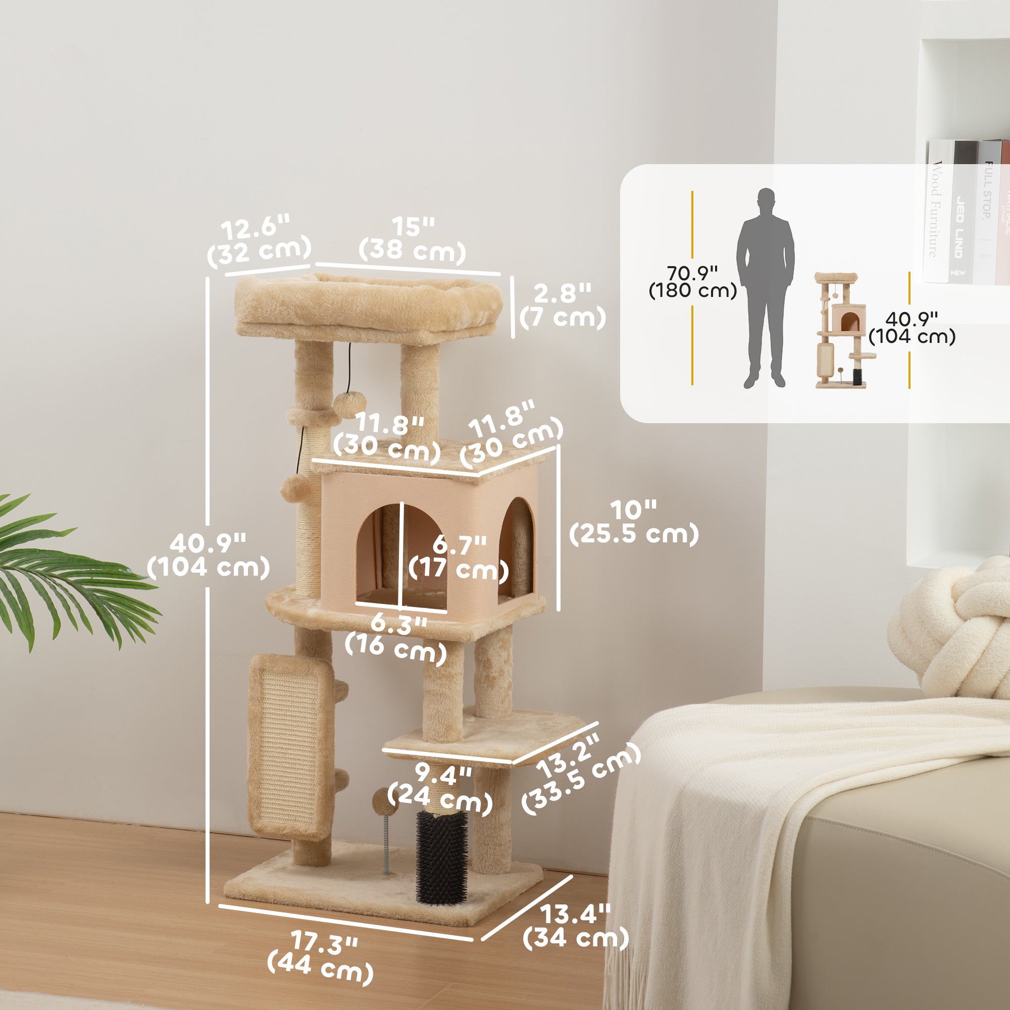 pawhut-arbre-chat-104-cm-avec-niche-couchage-griffoirs-et-brosse-beige image 5