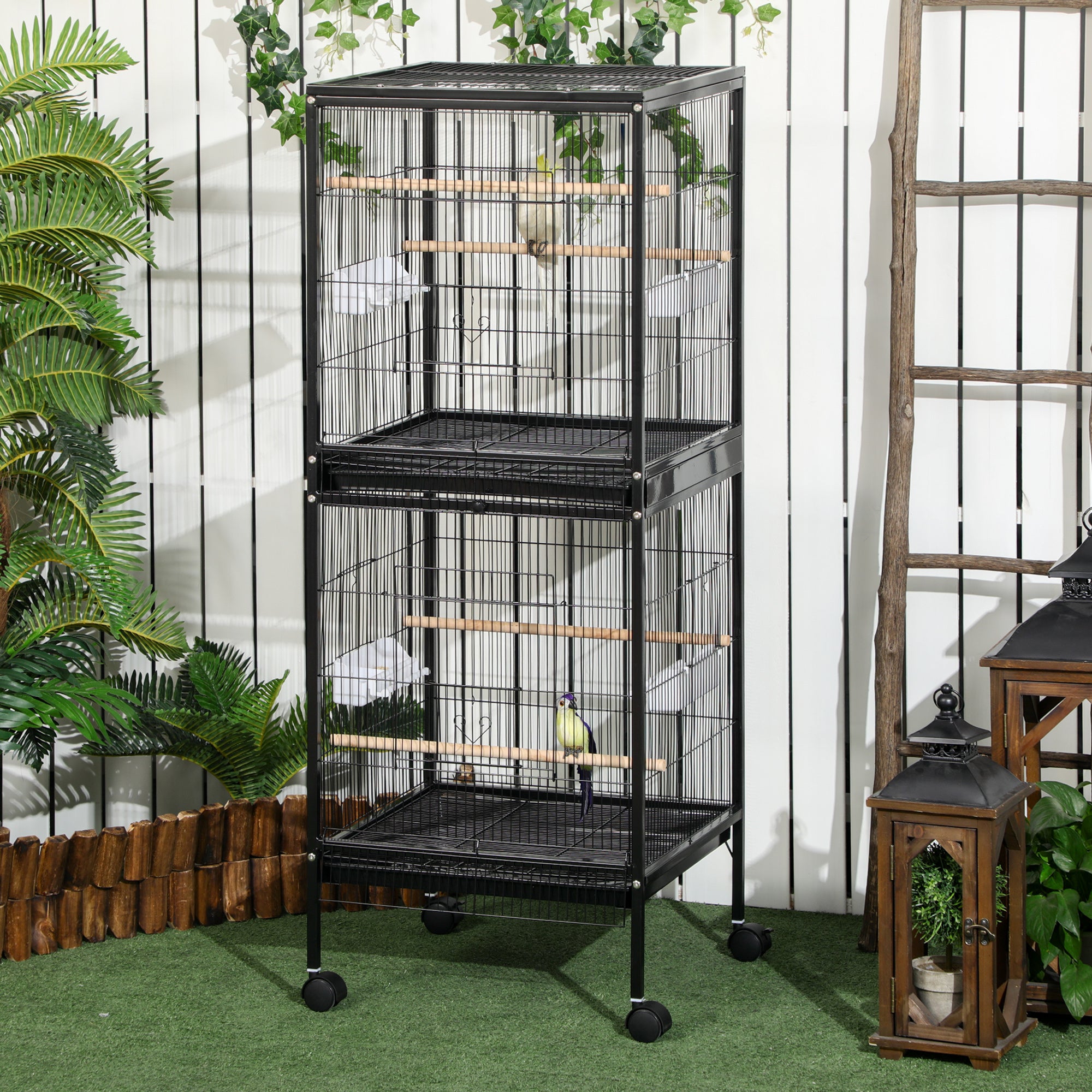 pawhut-cage-oiseaux-2-en-1-convertible-2-niveaux-noire image 3