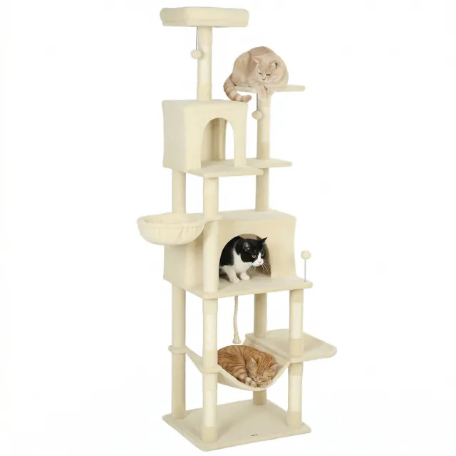pawhut-arbre-chat-202-cm-avec-6-griffoirs-2-niches-et-2-hamacs-beige image 1