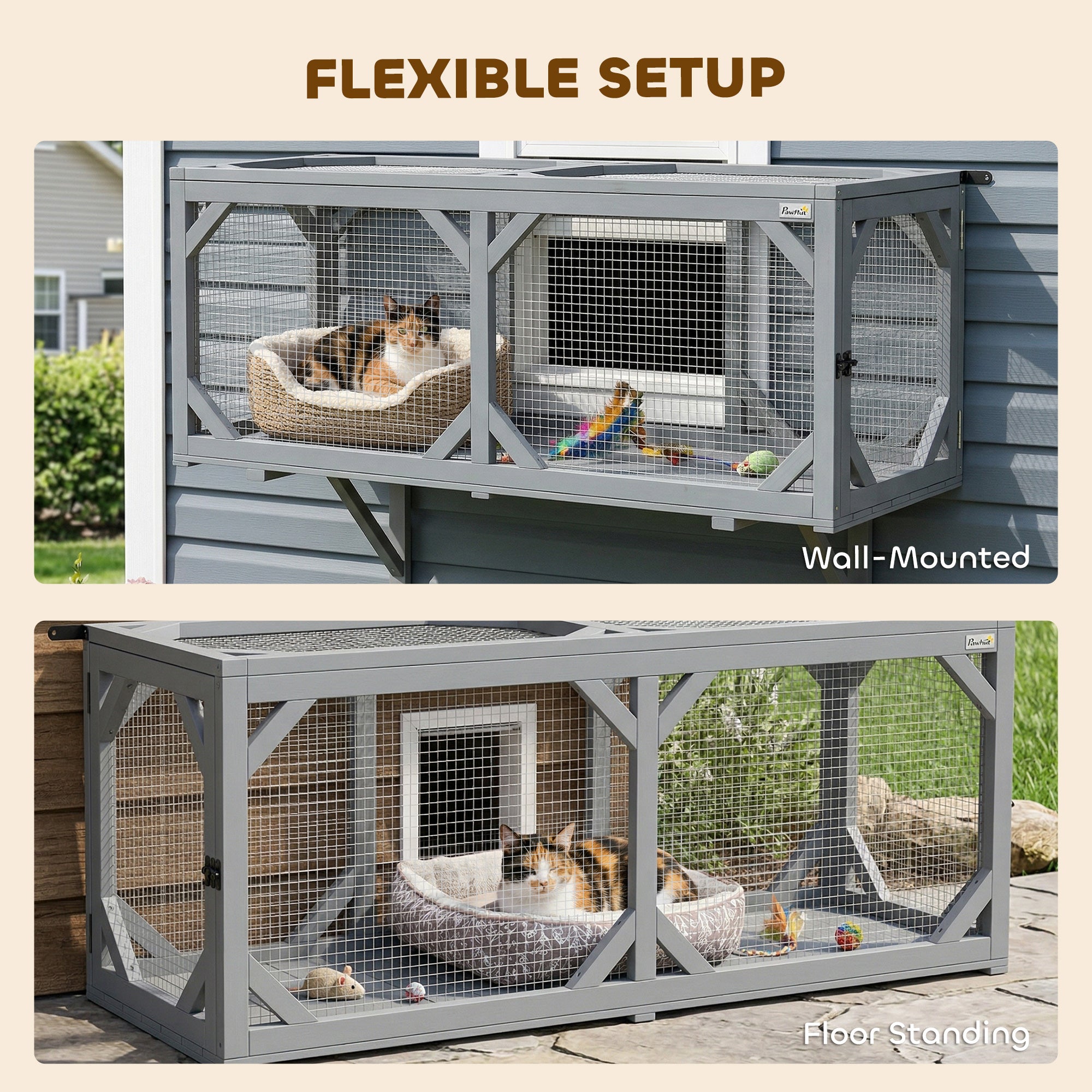 pawhut-tunnel-chat-mural-catio-bois-2-portes-extensible-gris image 6