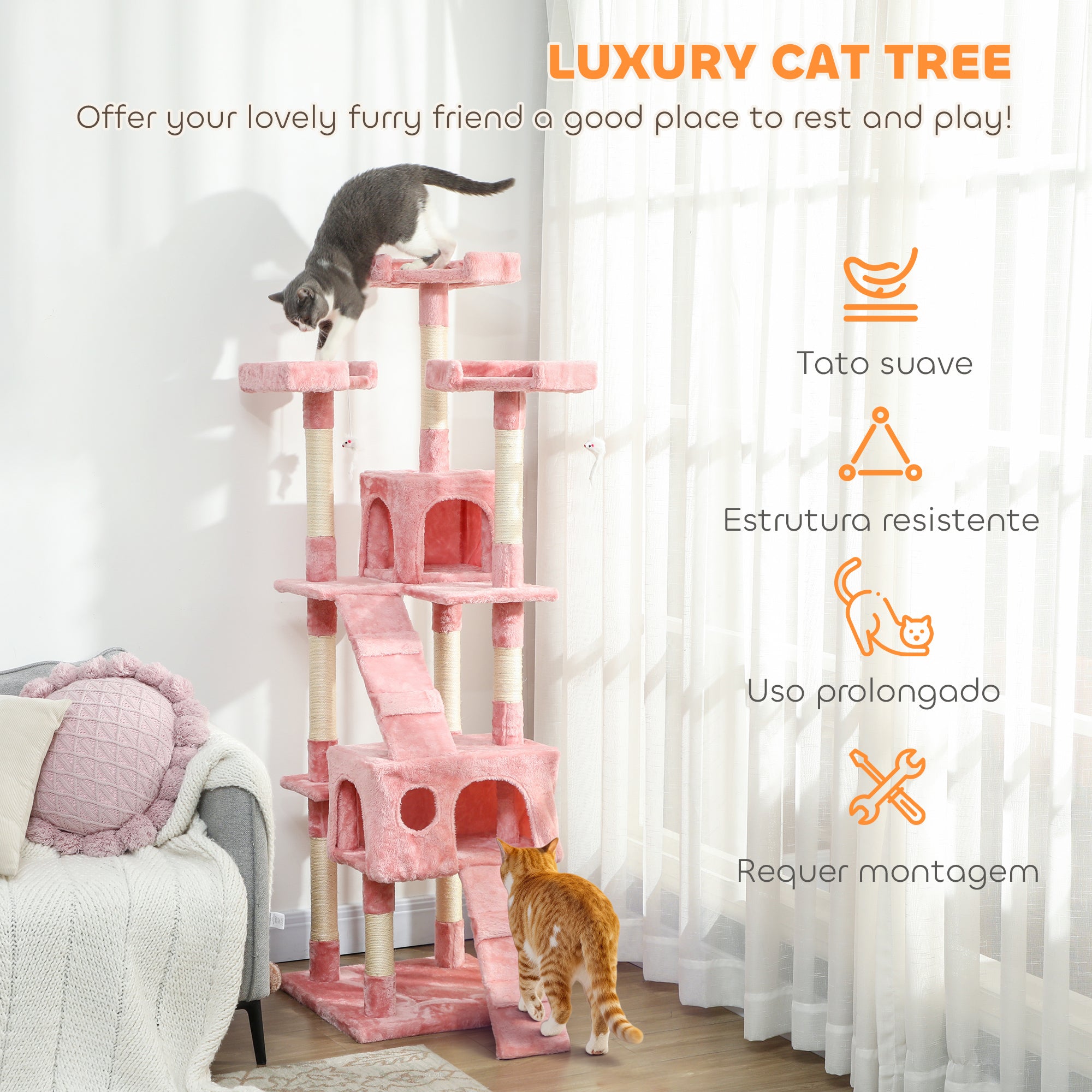 pawhut-arbre-chat-rose-68-multi-niveaux-avec-niches-griffoirs-et-perchoirs image 6
