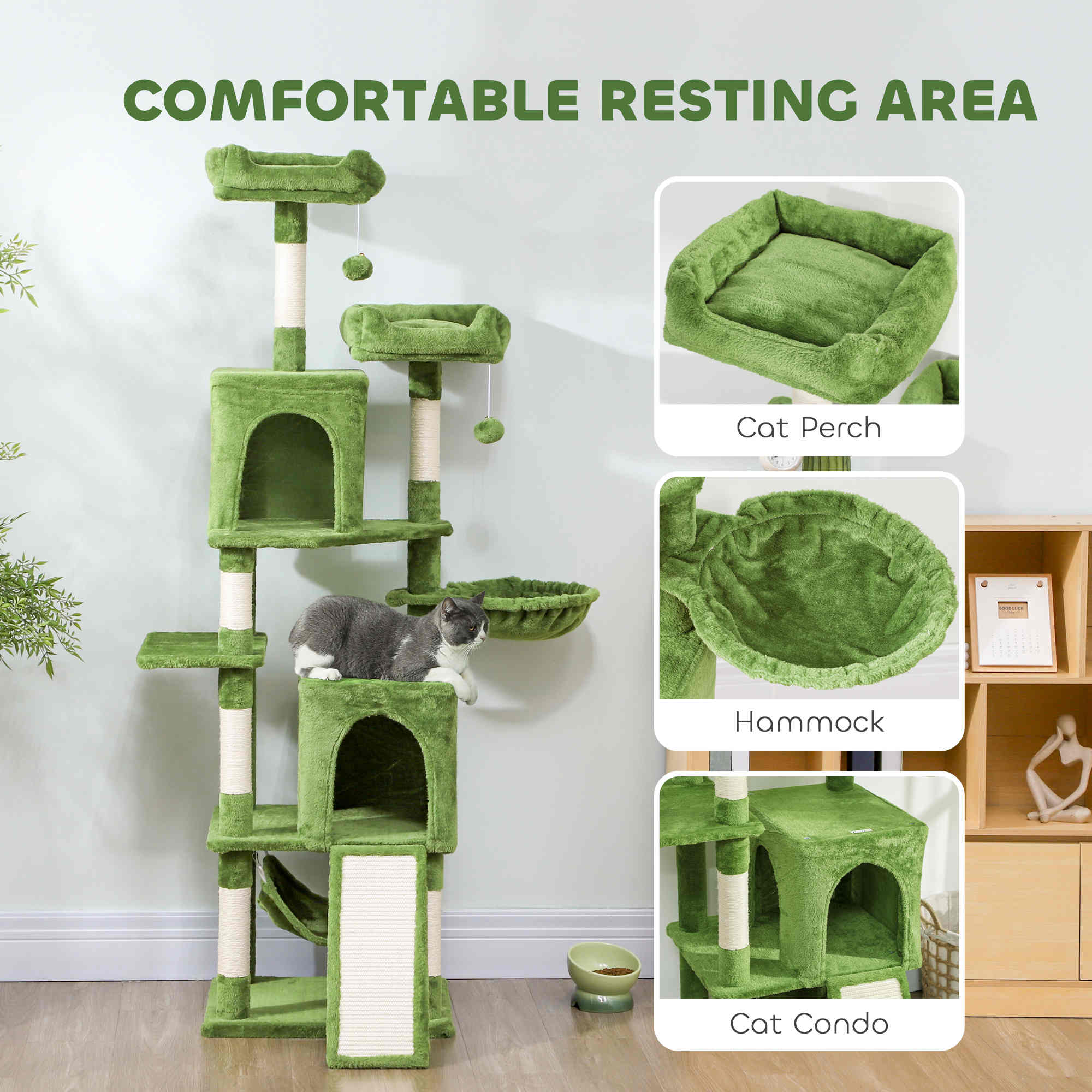 pawhut-arbre-chat-177-cm-avec-2-niches-2-perchoirs-et-hamac-vert image 7