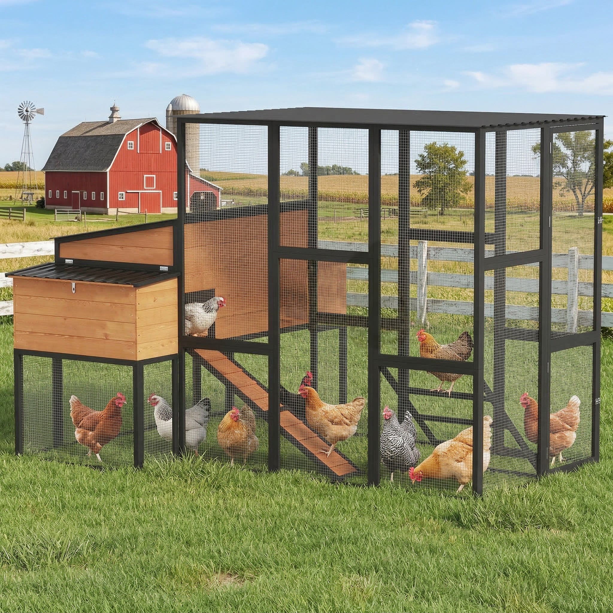 pawhut-poulailler-en-bois-105-avec-enclos-pour-7-12-poules-2-pondoirs-jaune image 3