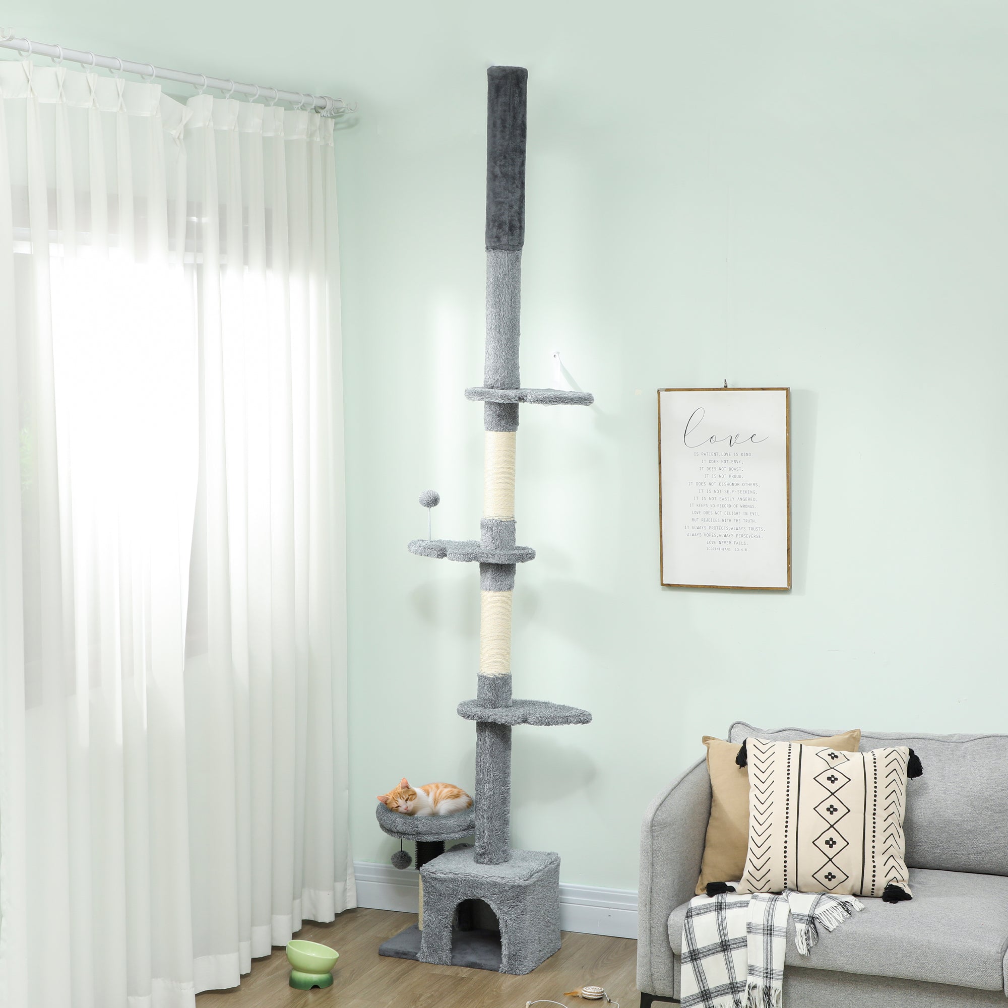 pawhut-arbre-chat-sol-plafond-hauteur-r-glable-avec-niche-gris-225-255-cm image 3