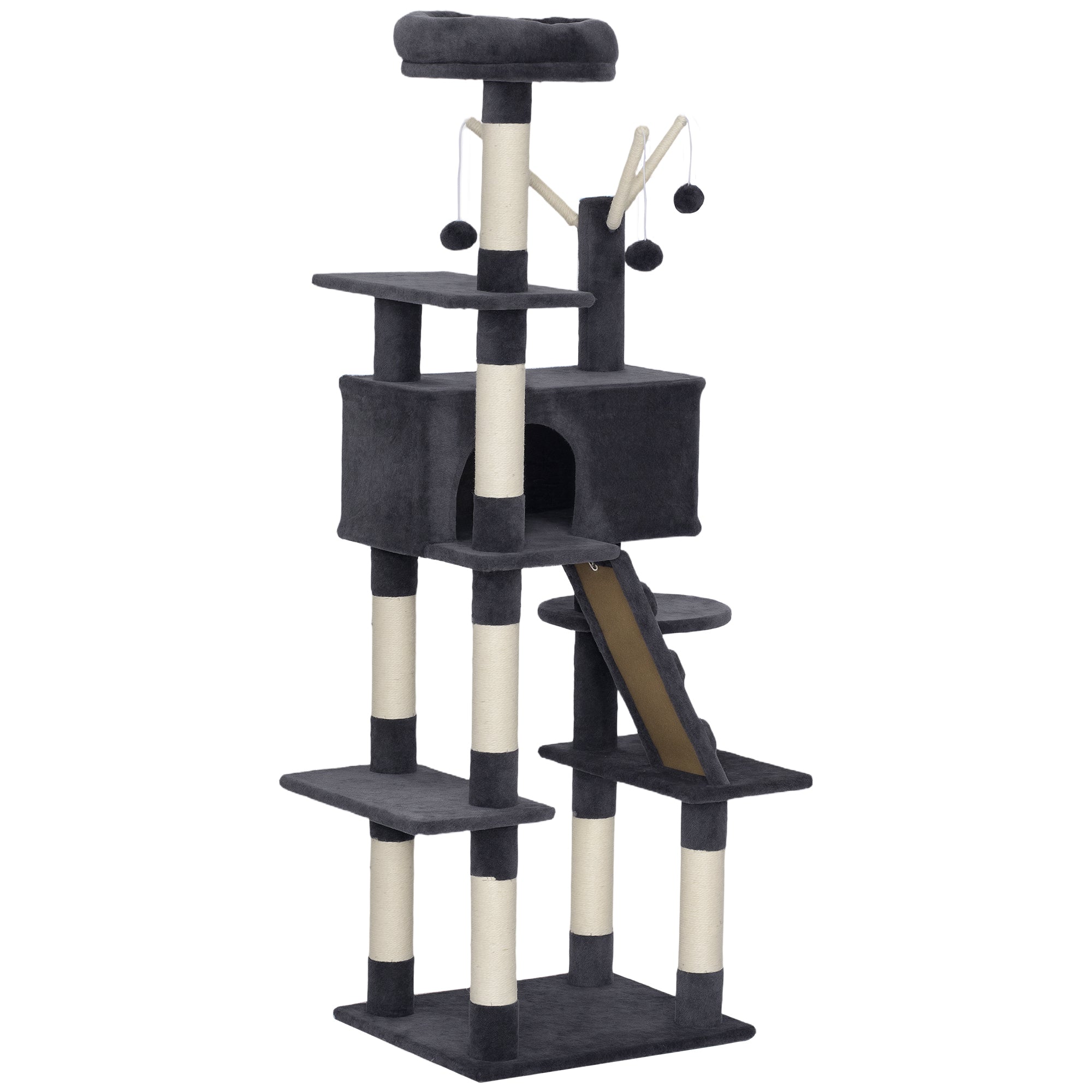 pawhut-arbre-chat-59-multi-niveaux-avec-niche-perchoir-et-chelle-gris-fonc image 2