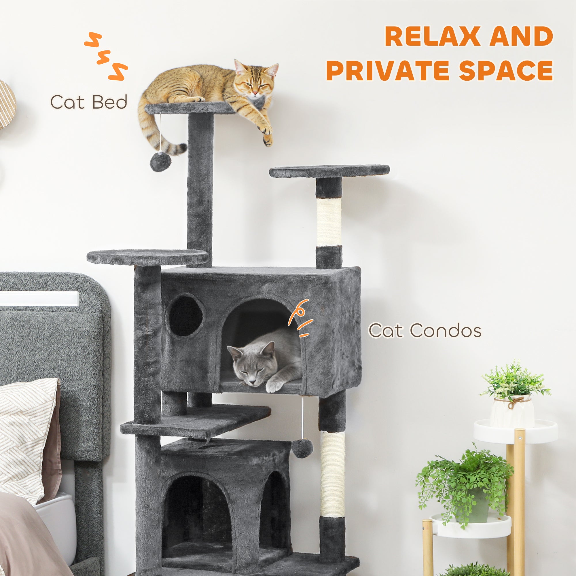 pawhut-arbre-chat-160-cm-avec-niches-lit-rampe-et-griffoir-gris-fonc image 7