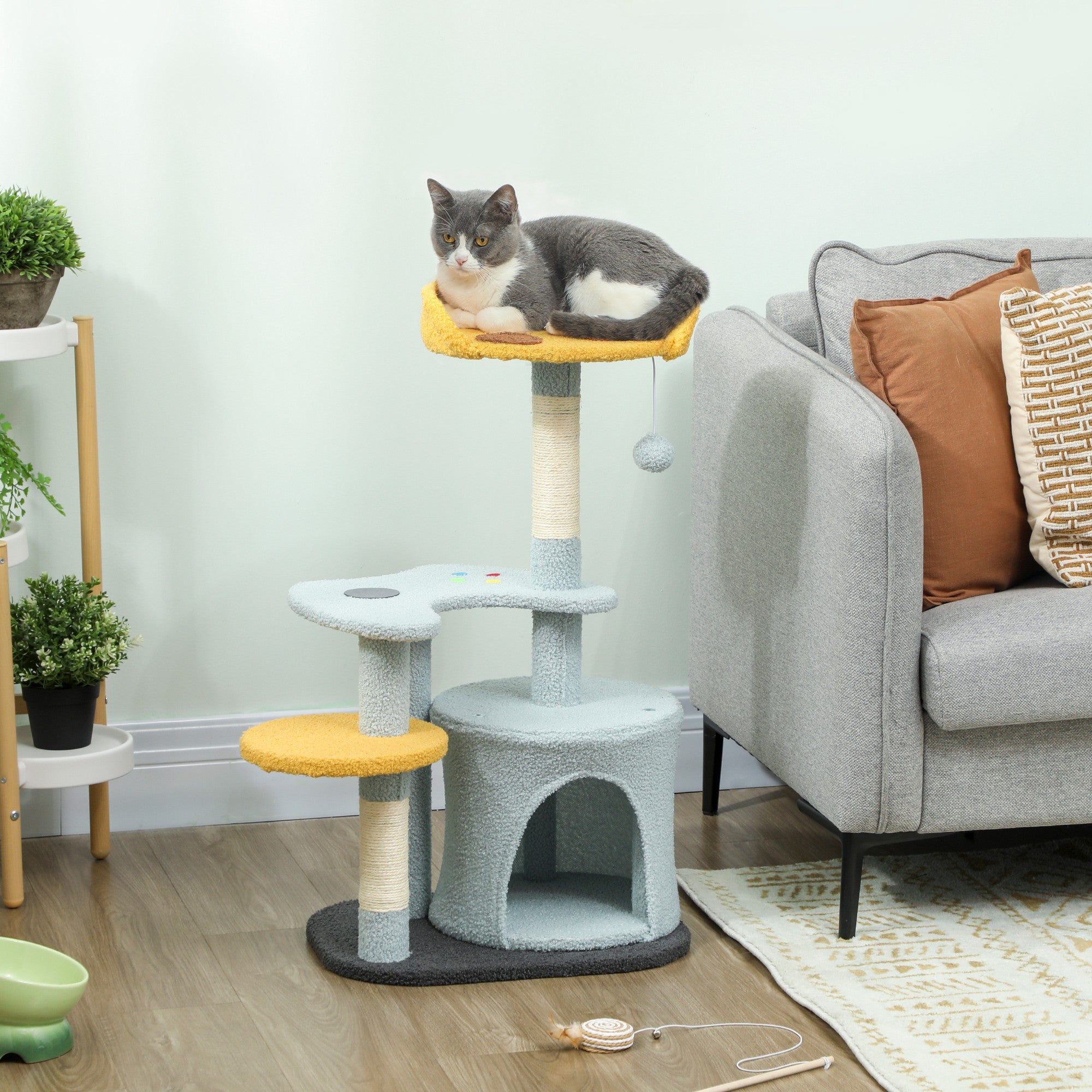 pawhut-arbre-chat-80-cm-avec-niche-perchoir-pizza-et-griffoir-bleu image 3