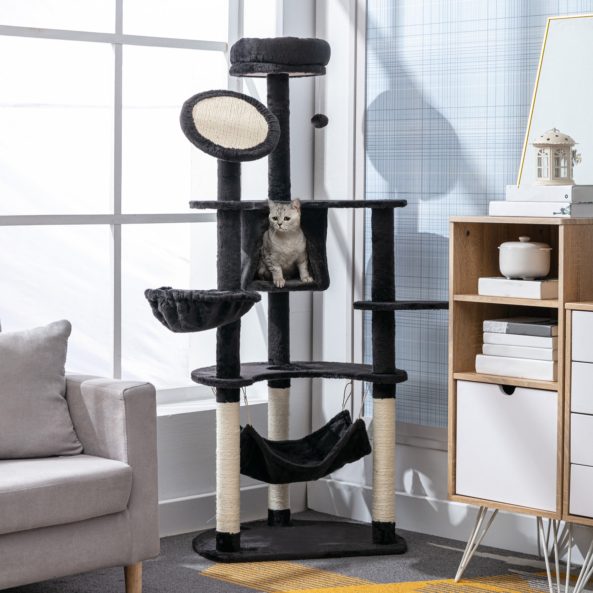 pawhut-arbre-chat-152-cm-avec-niche-2-hamacs-et-griffoirs-gris-fonc image 3