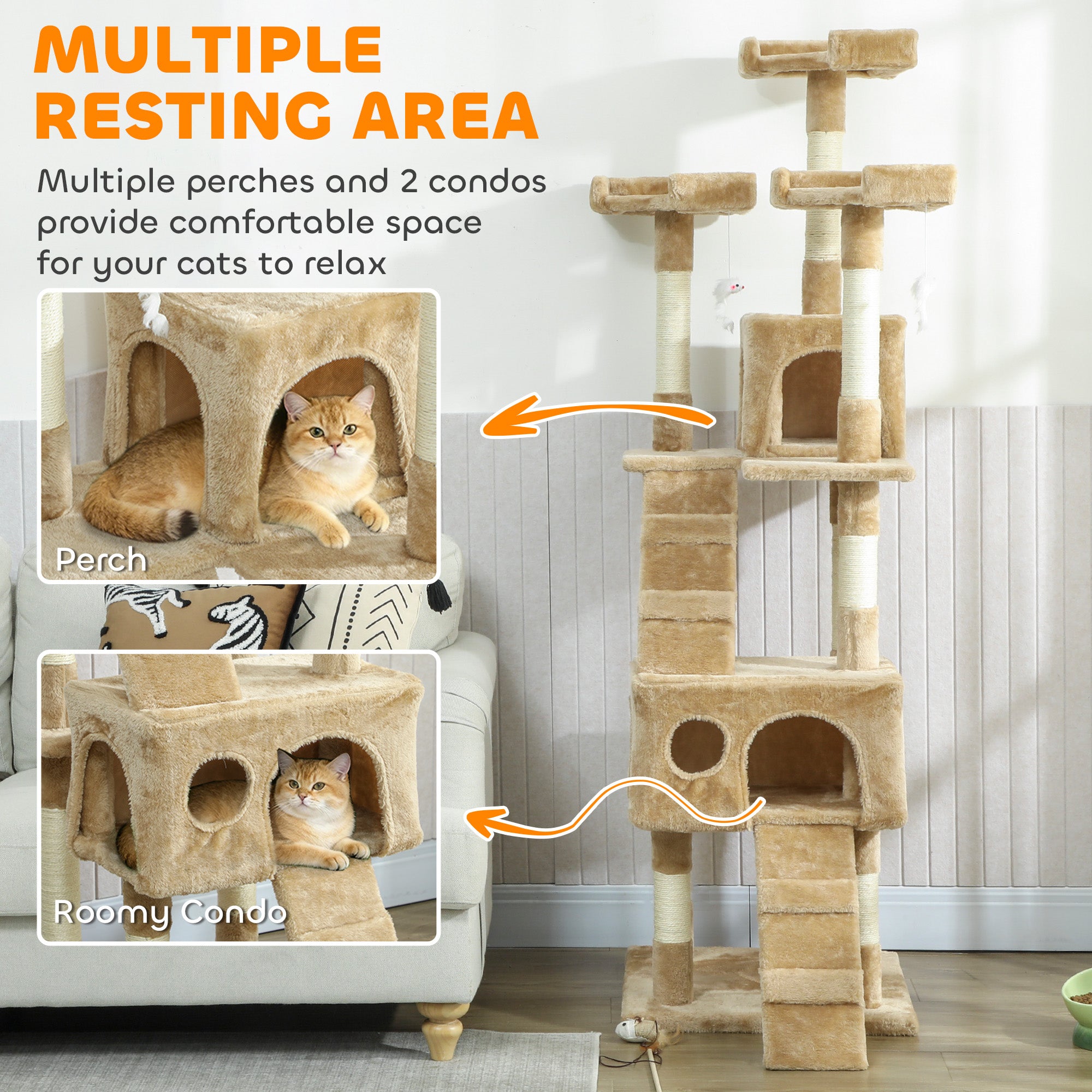 pawhut-arbre-chat-68-pouces-avec-2-niches-perchoirs-et-griffoirs-marron-clair image 8