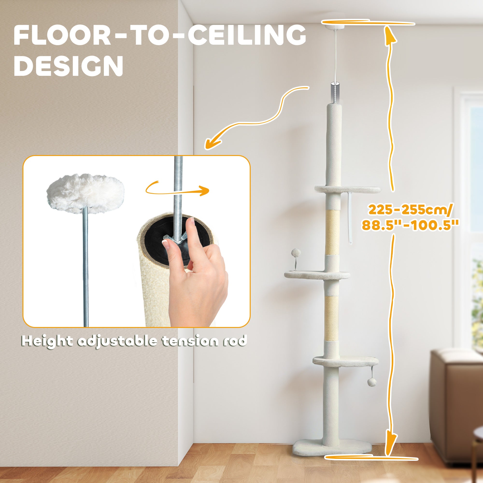 pawhut-arbre-chat-sol-plafond-r-glable-225-255-cm-avec-3-perchoirs-nuage-et-grif image 7