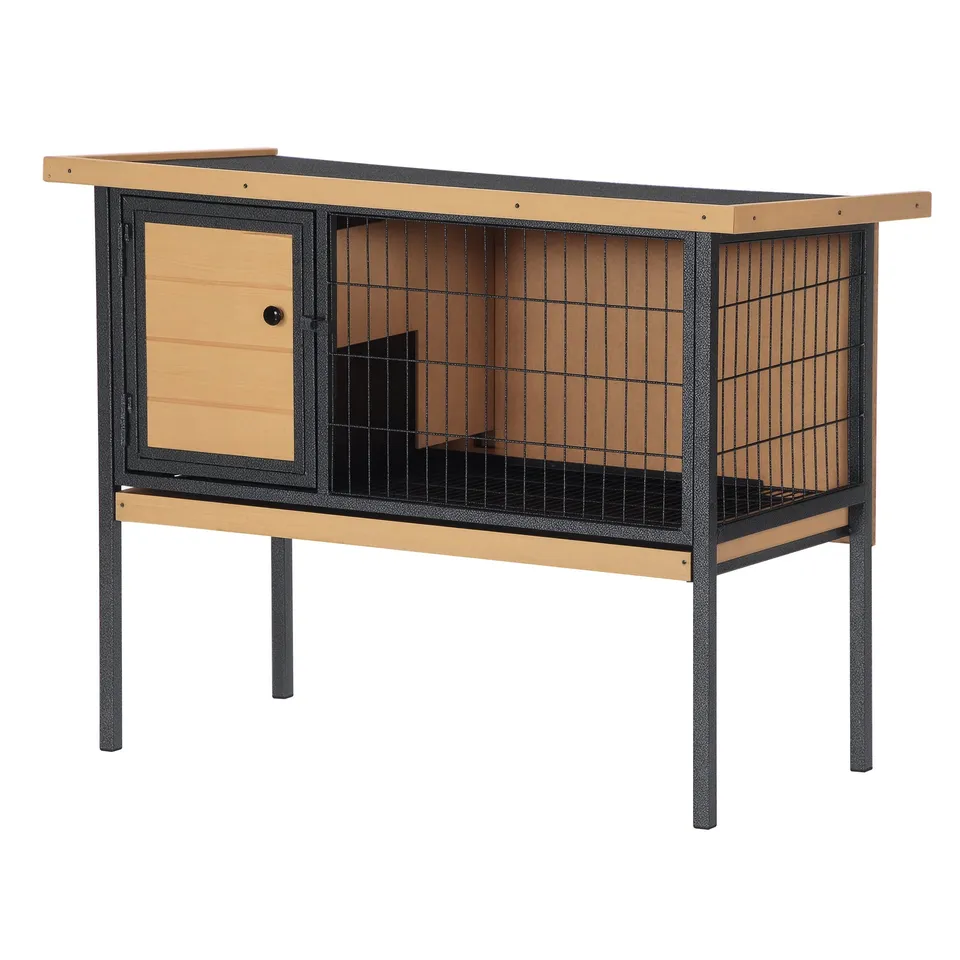 pawhut-clapier-lapin-sur-lev-avec-plateau-et-toit-ouvrable-jaune image 1