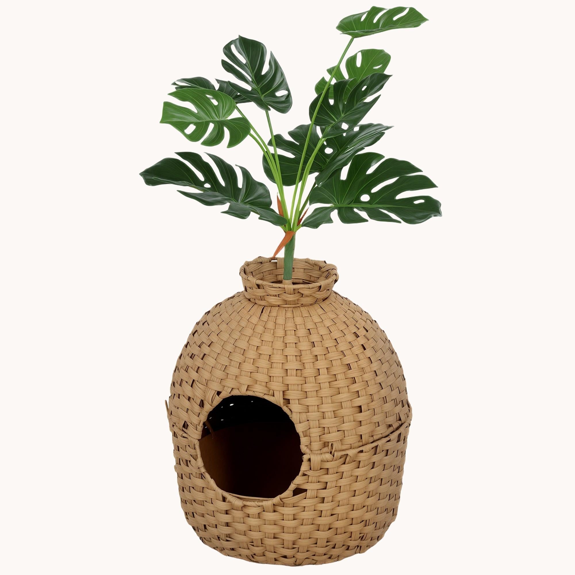 pawhut-meuble-liti-re-chat-cach-e-avec-fausse-plante-et-bac-inox image 2