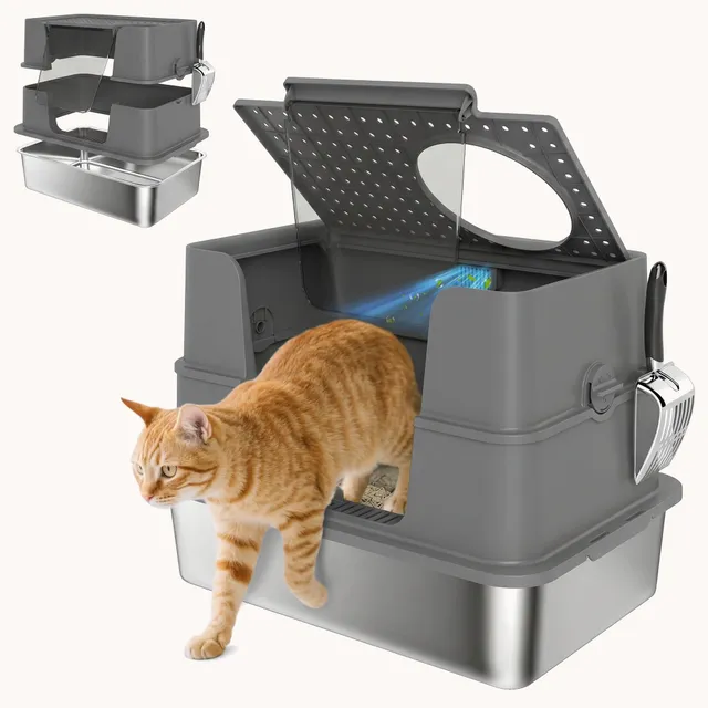 pawhut-liti-re-xl-en-acier-inoxydable-avec-couvercle-rabattable-100-et-pelle-gri image 1