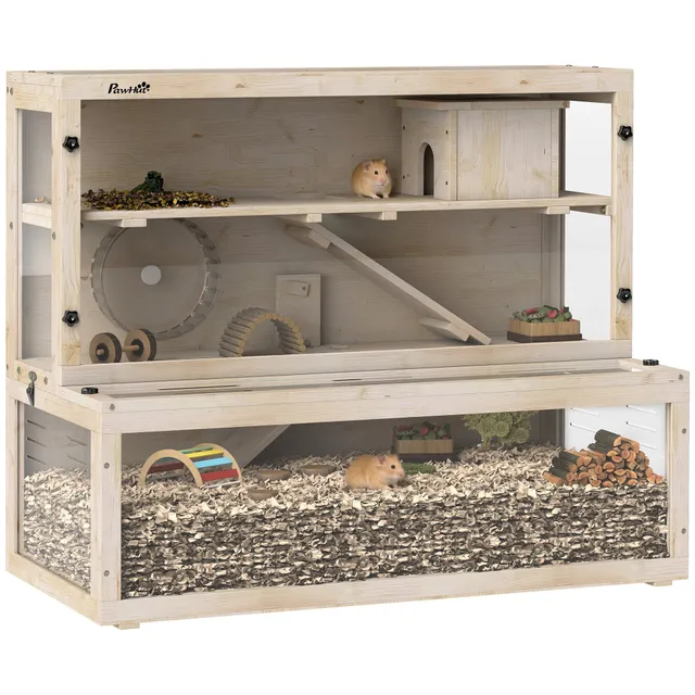 pawhut-cage-hamster-bois-3-tages-100-x-50-x-84-cm-avec-roue image 1