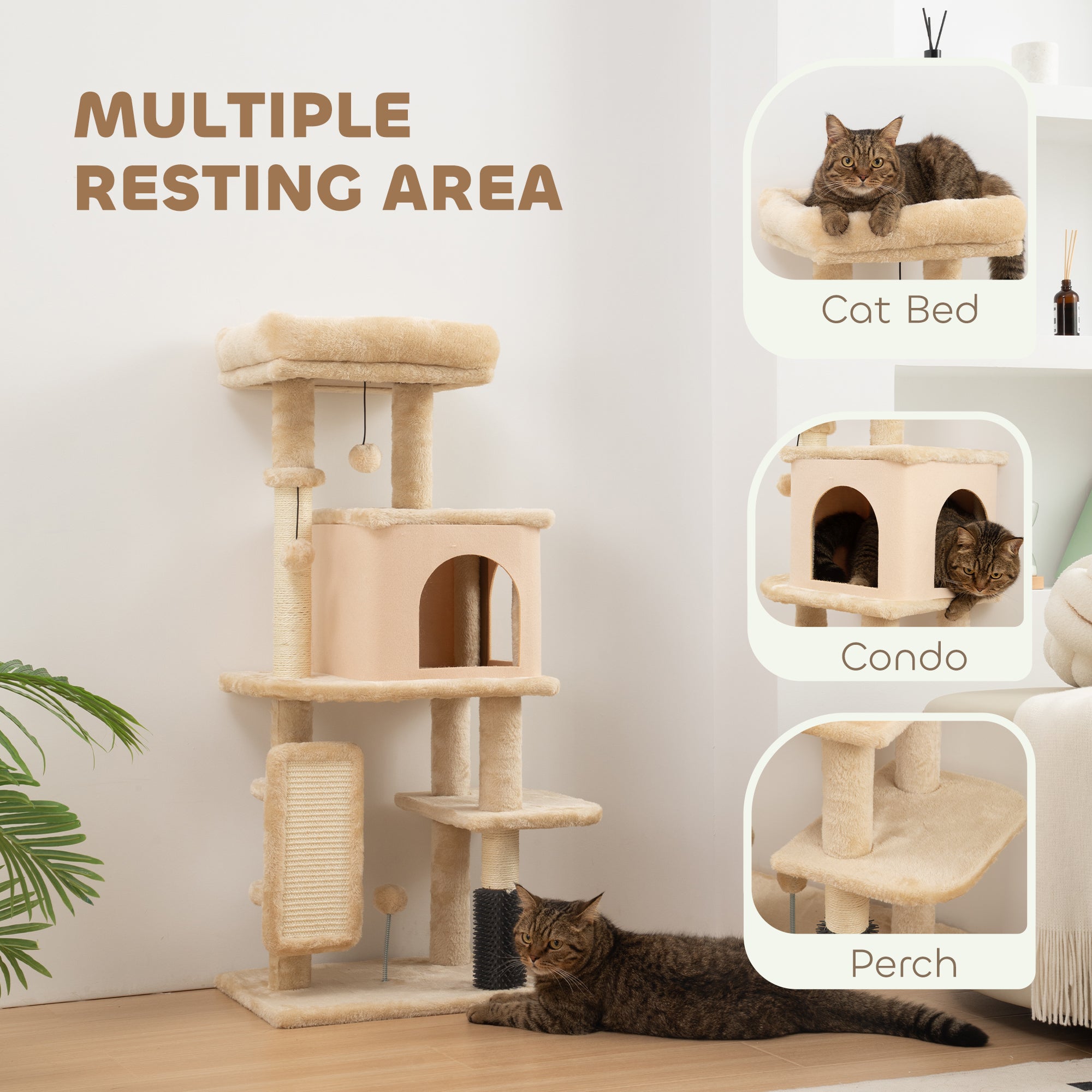 pawhut-arbre-chat-104-cm-avec-niche-couchage-griffoirs-et-brosse-beige image 6