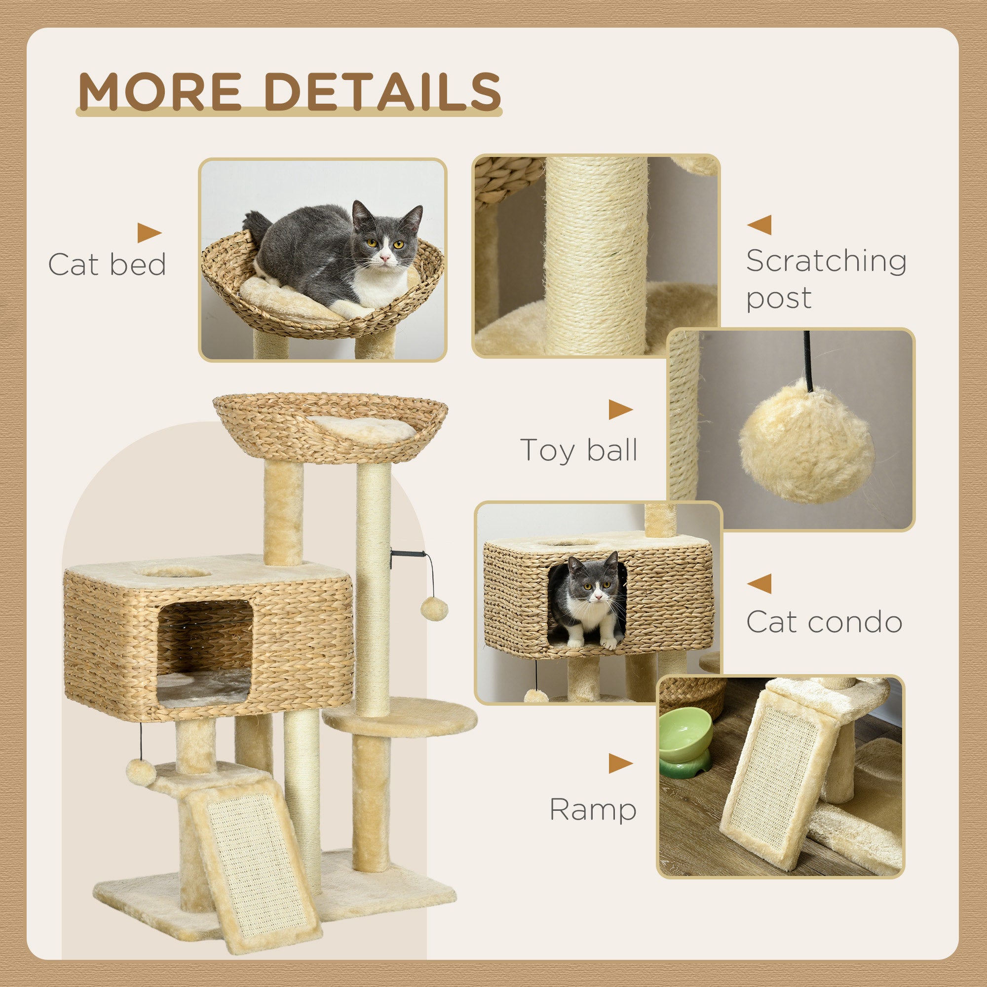 pawhut-arbre-chat-98-cm-avec-niche-rampe-et-griffoirs-beige image 8