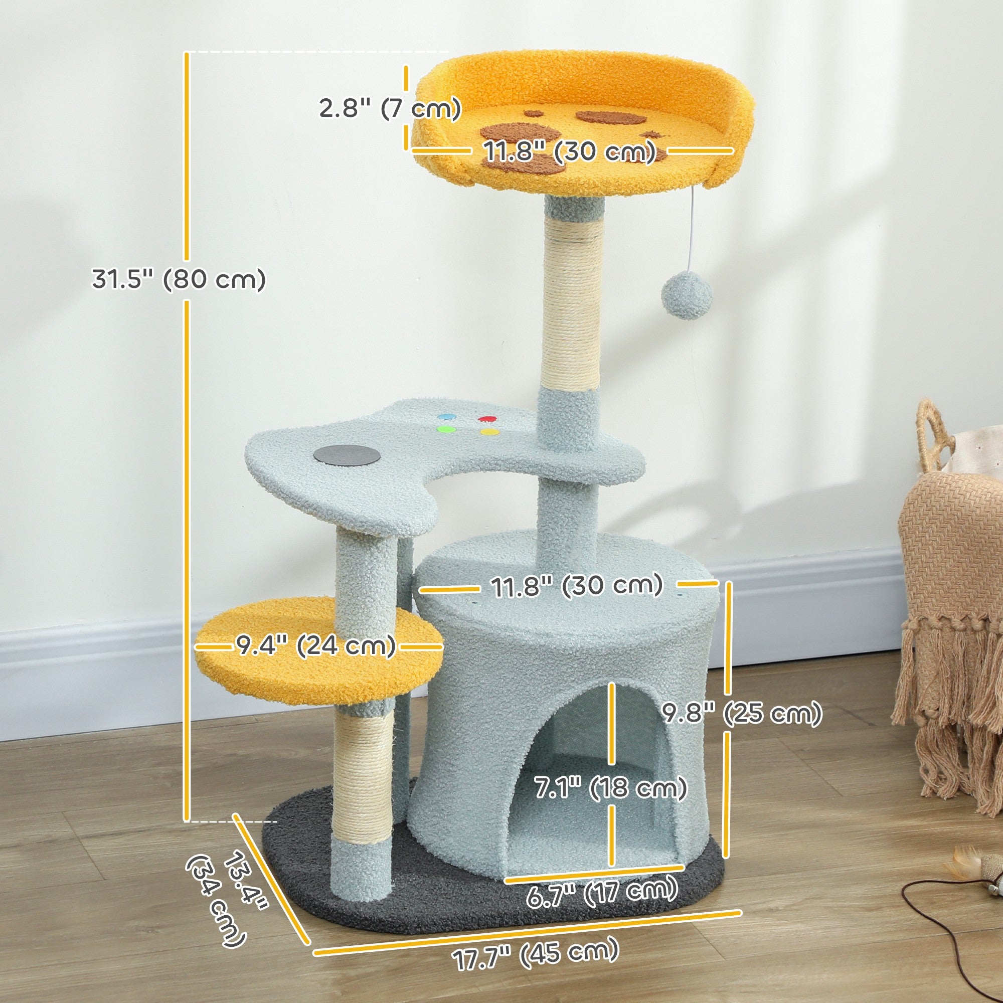 pawhut-arbre-chat-80-cm-avec-niche-perchoir-pizza-et-griffoir-bleu image 5