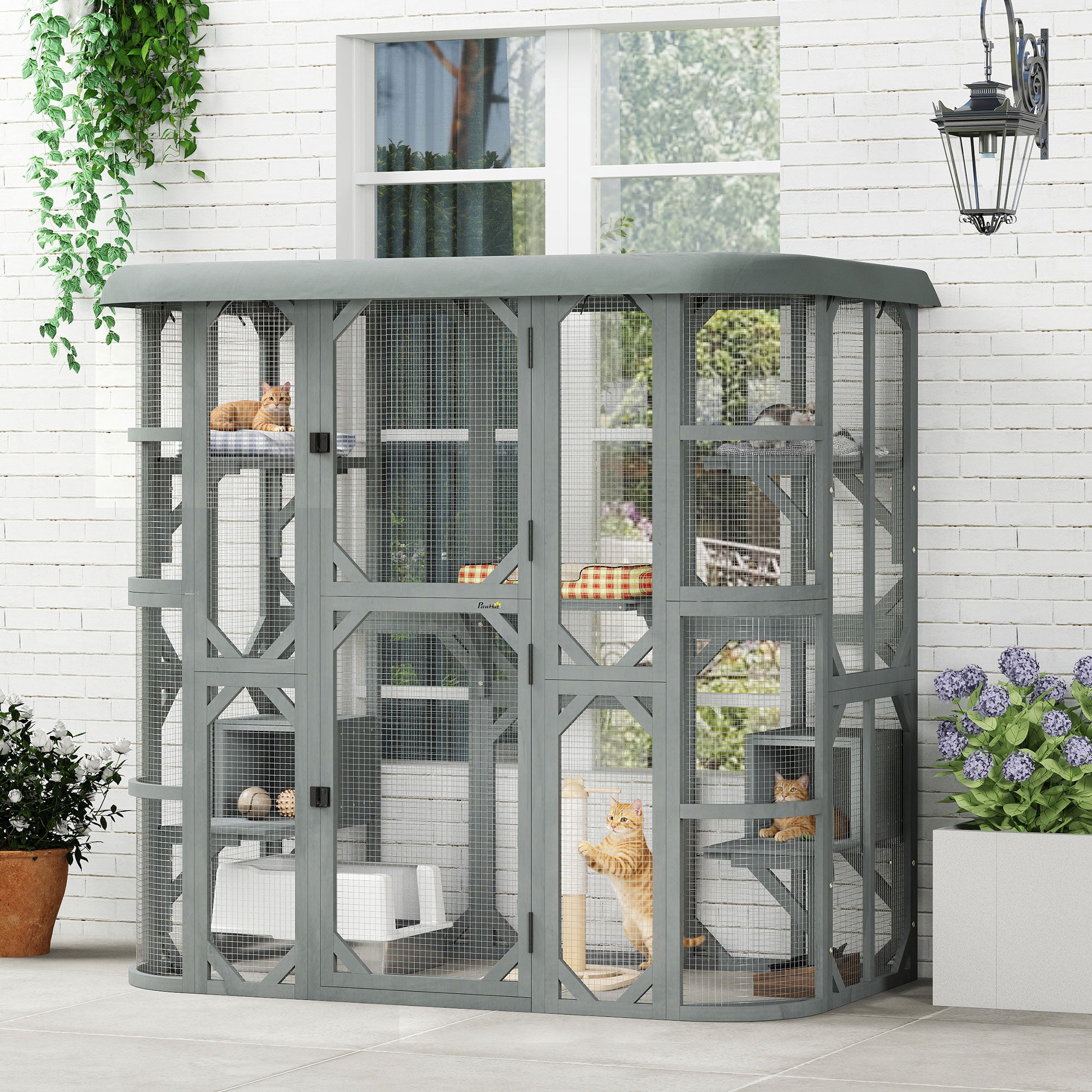 pawhut-catio-enclos-ext-rieur-chat-gris-walk-in-avec-2-niches-5-plateformes-et-h image 3