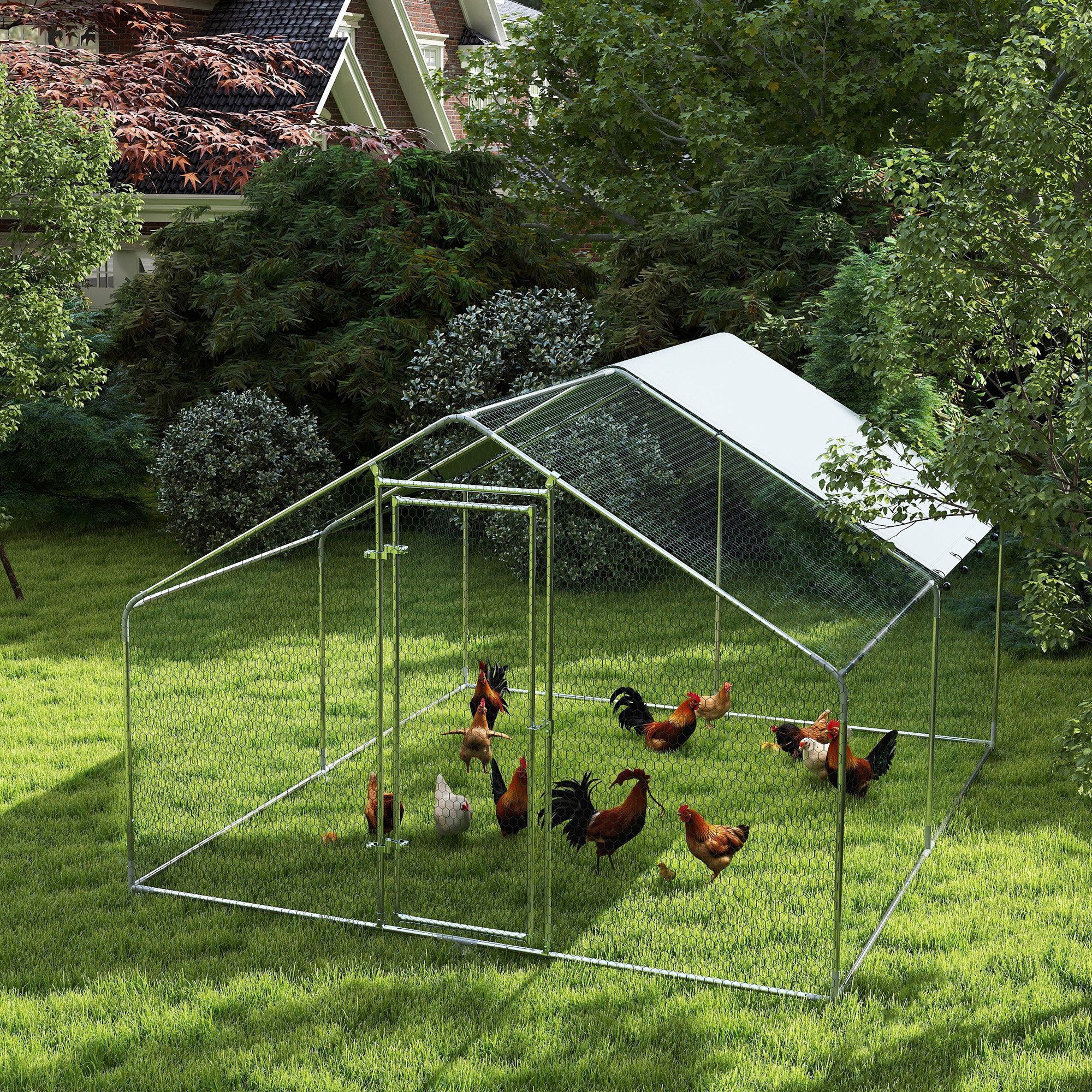 pawhut-enclos-poulailler-m-tal-9-8-x-11-2-ft-avec-b-che-uv-pour-10-15-poules-arg image 4