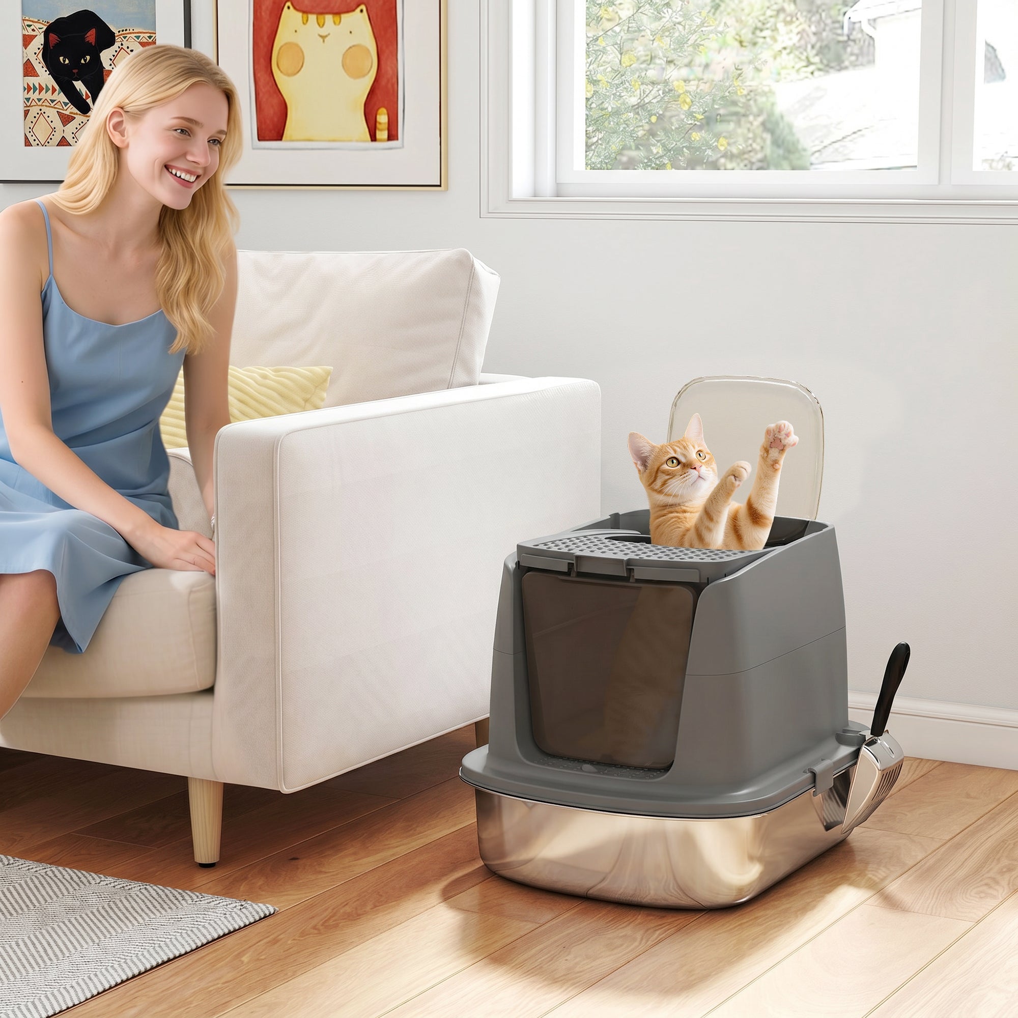 pawhut-bac-liti-re-chat-ferm-inox-avec-couvercle-gris-fonc image 4