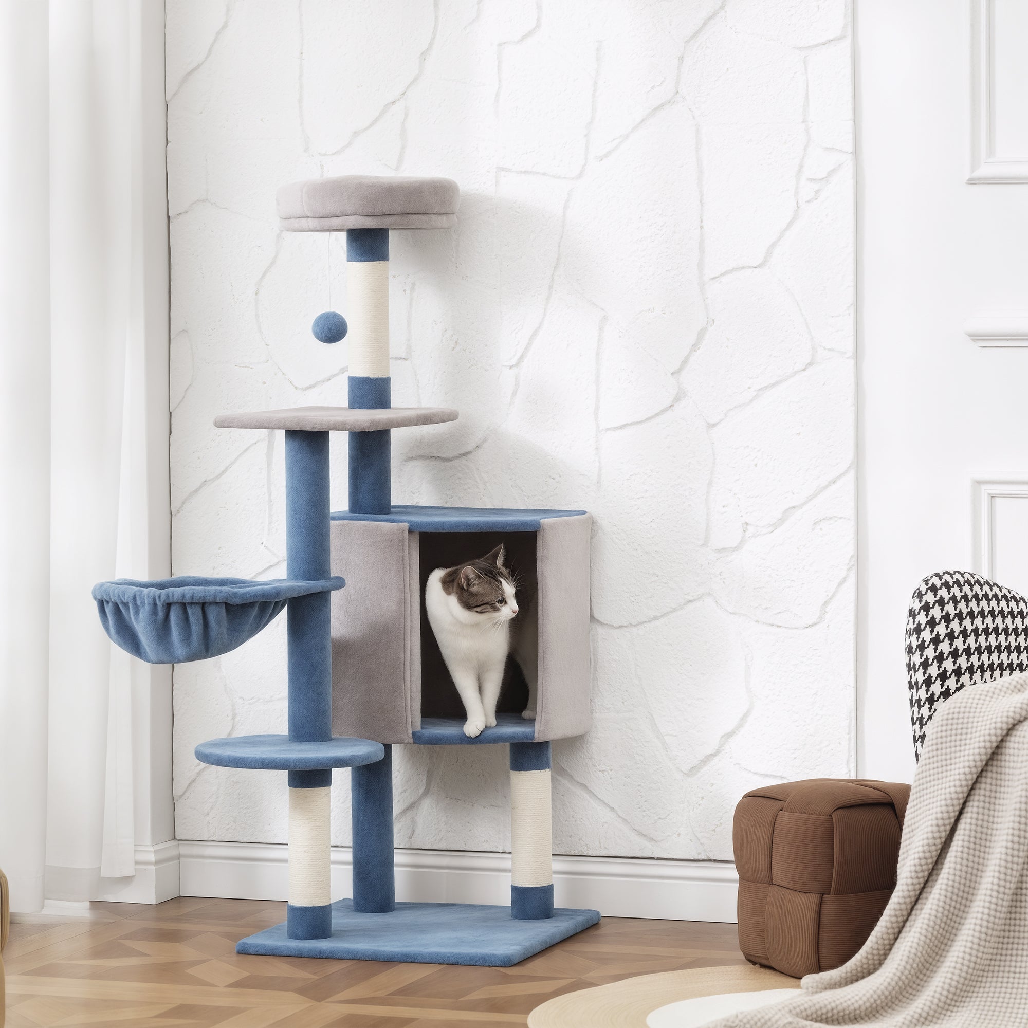 pawhut-arbre-chat-moderne-122-cm-bleu-gris-avec-niche-hamac-et-perchoir image 4