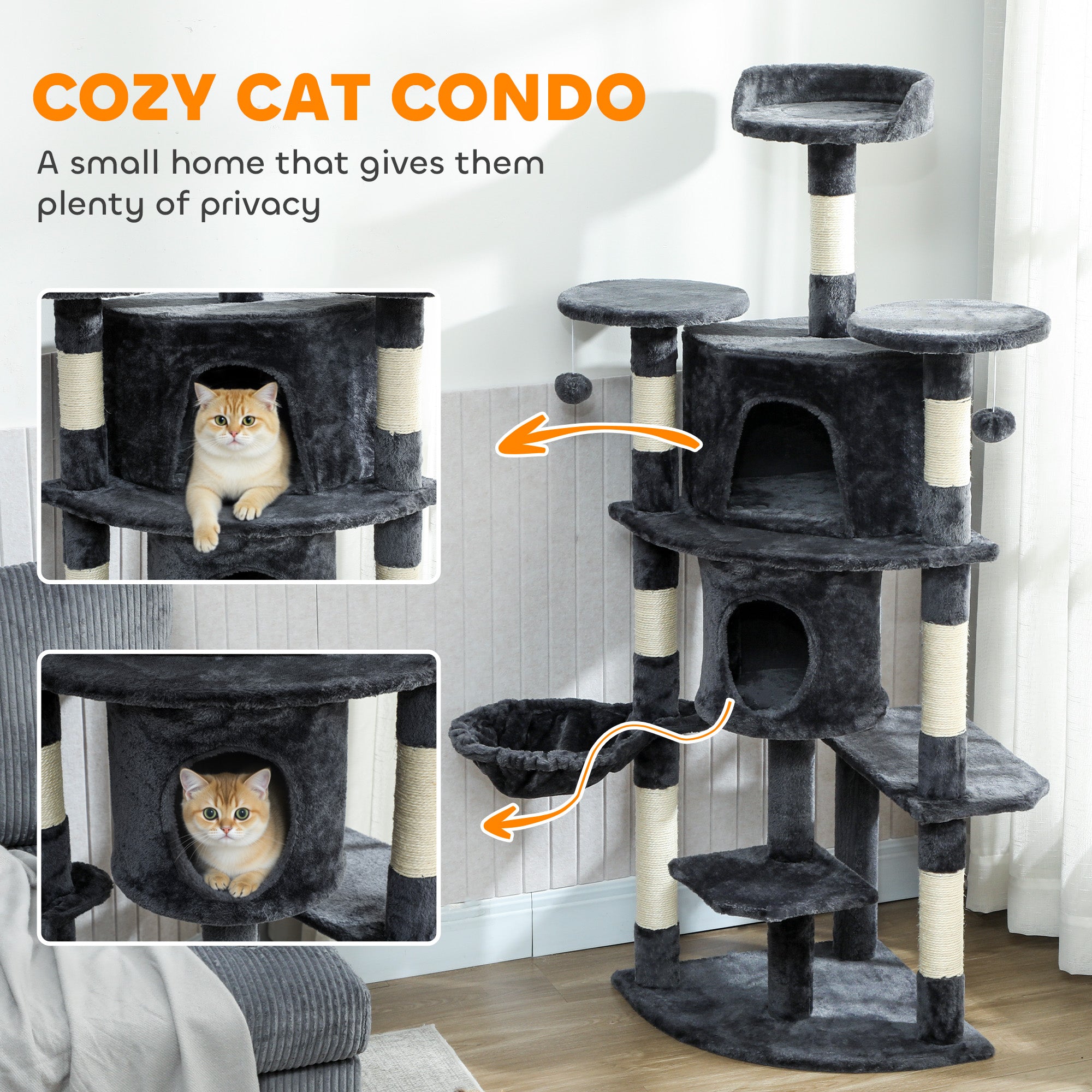 pawhut-arbre-chat-157-cm-2-niches-hamac-et-perchoirs-gris-fonc image 7