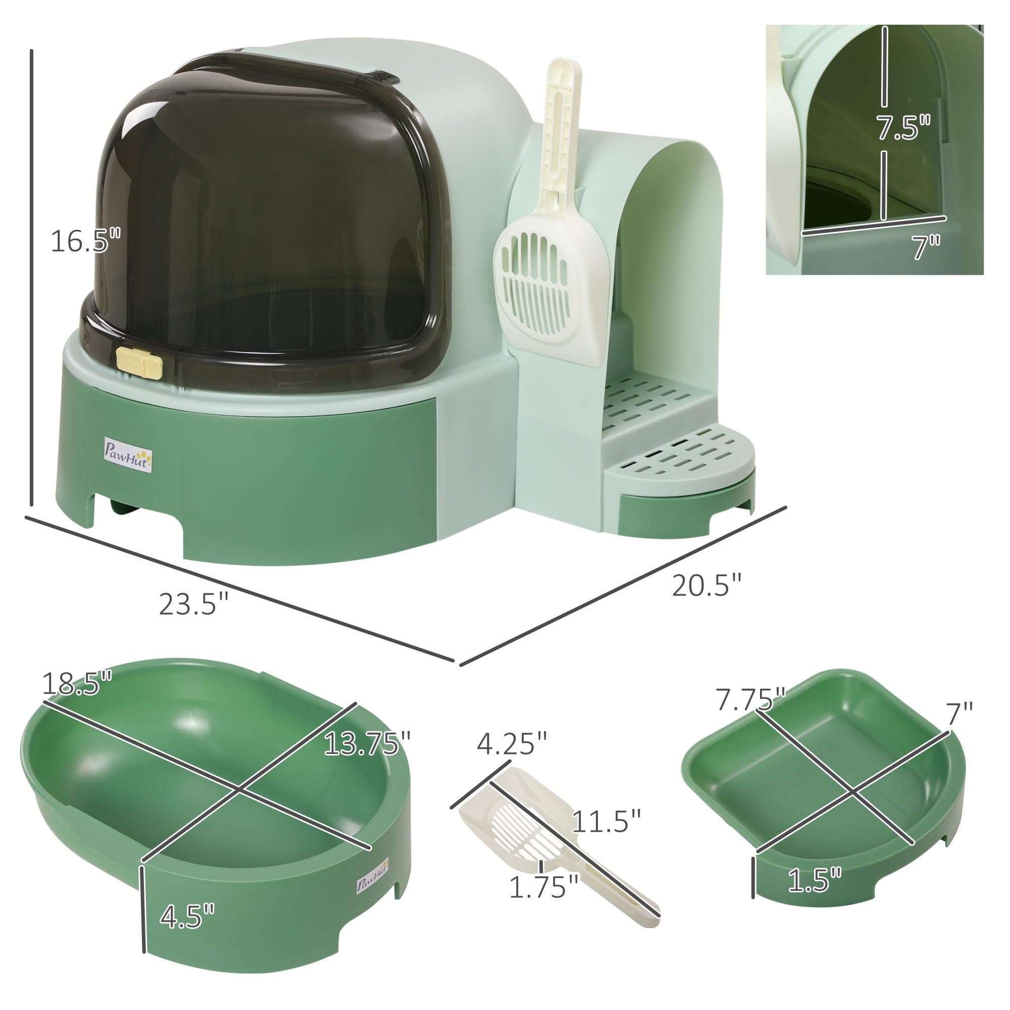 pawhut-bac-liti-re-pour-chat-ferm-avec-porte-avant-ouvrante-et-pelle-vert image 6