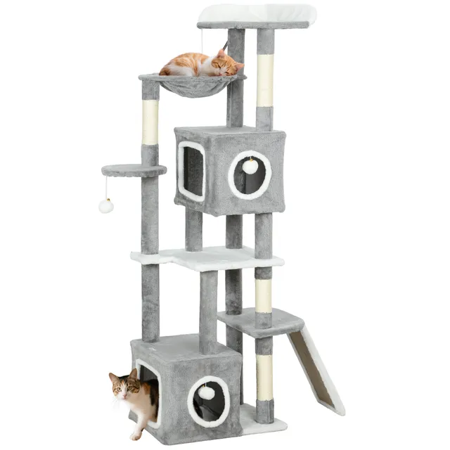 pawhut-arbre-chat-gris-65-165-cm-avec-2-niches-hamac-rampe-et-perchoir image 1