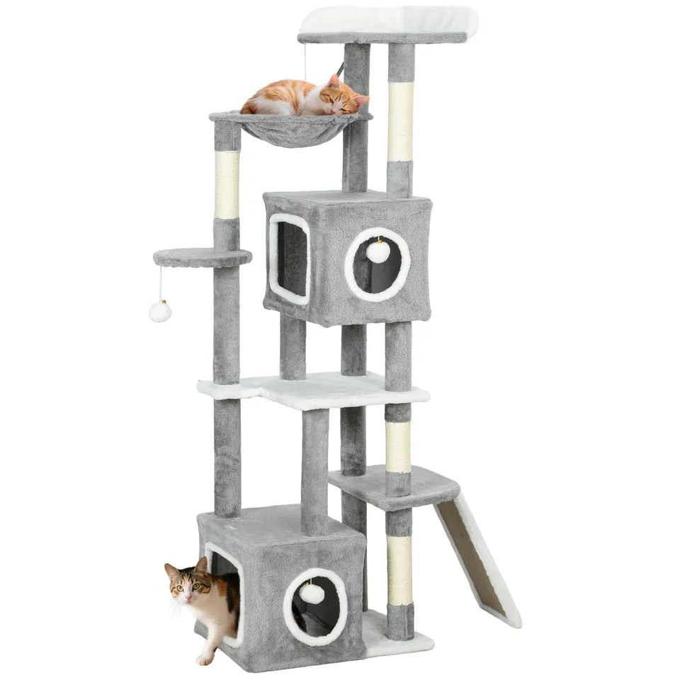pawhut-arbre-chat-gris-65-165-cm-avec-2-niches-hamac-rampe-et-perchoir image 1